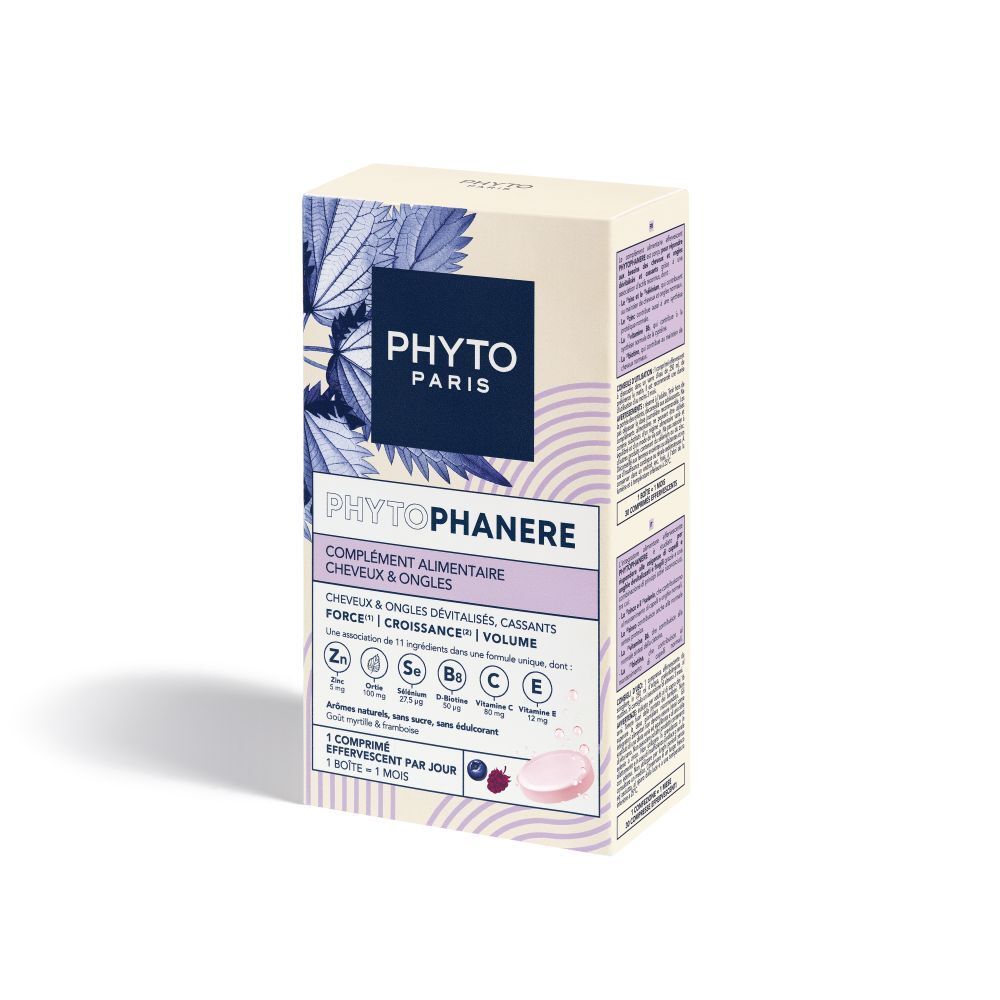 Doos voedingssupplement PHYTOPHANERE. Voor haar & nagels. 1 tablet per dag. 1 doos = 1 maand.