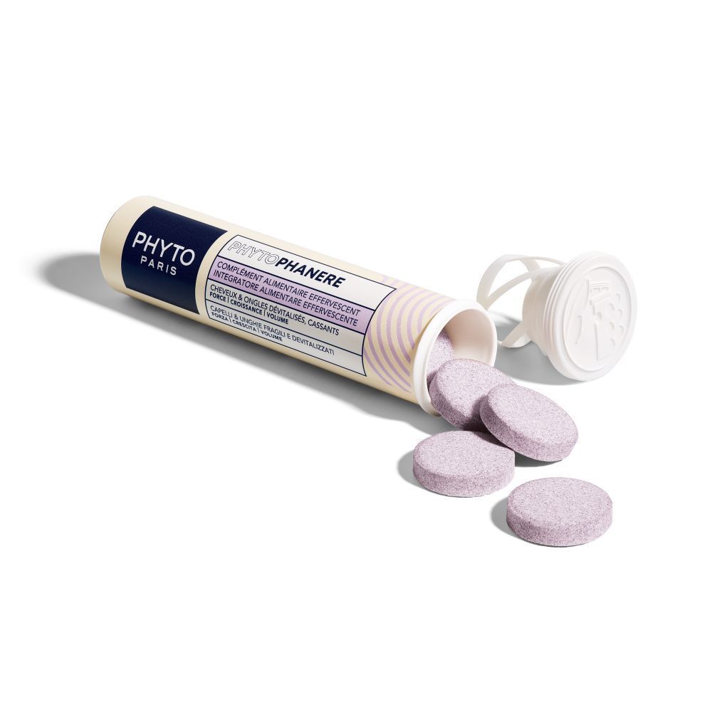 Tube cylindrique de complément PHYTOPHANERE. Comprimés à côté. Pour cheveux & ongles.