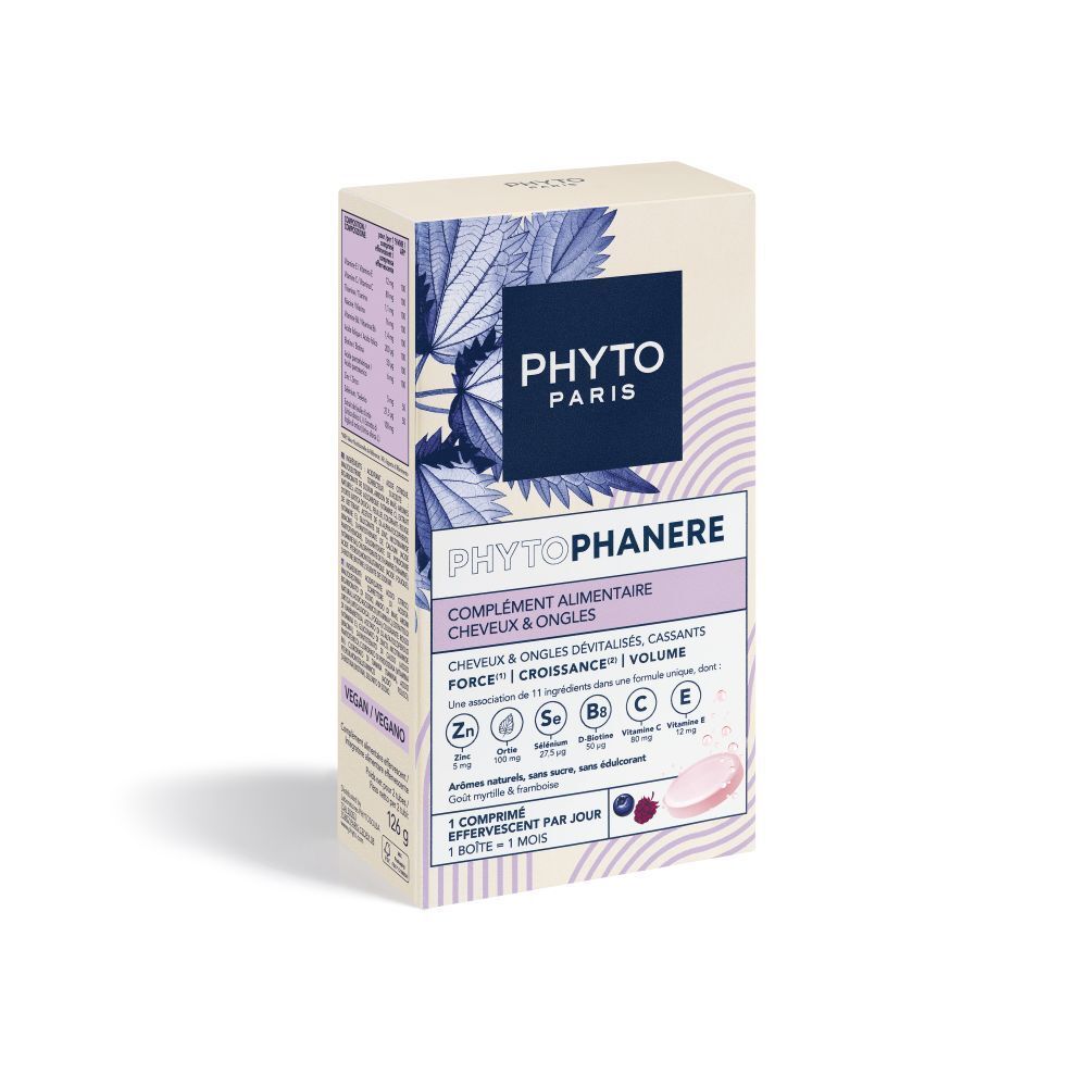 Doos voedingssupplement PHYTOPHANERE. Voor haar & nagels. 1 tablet per dag. 1 doos = 1 maand.
