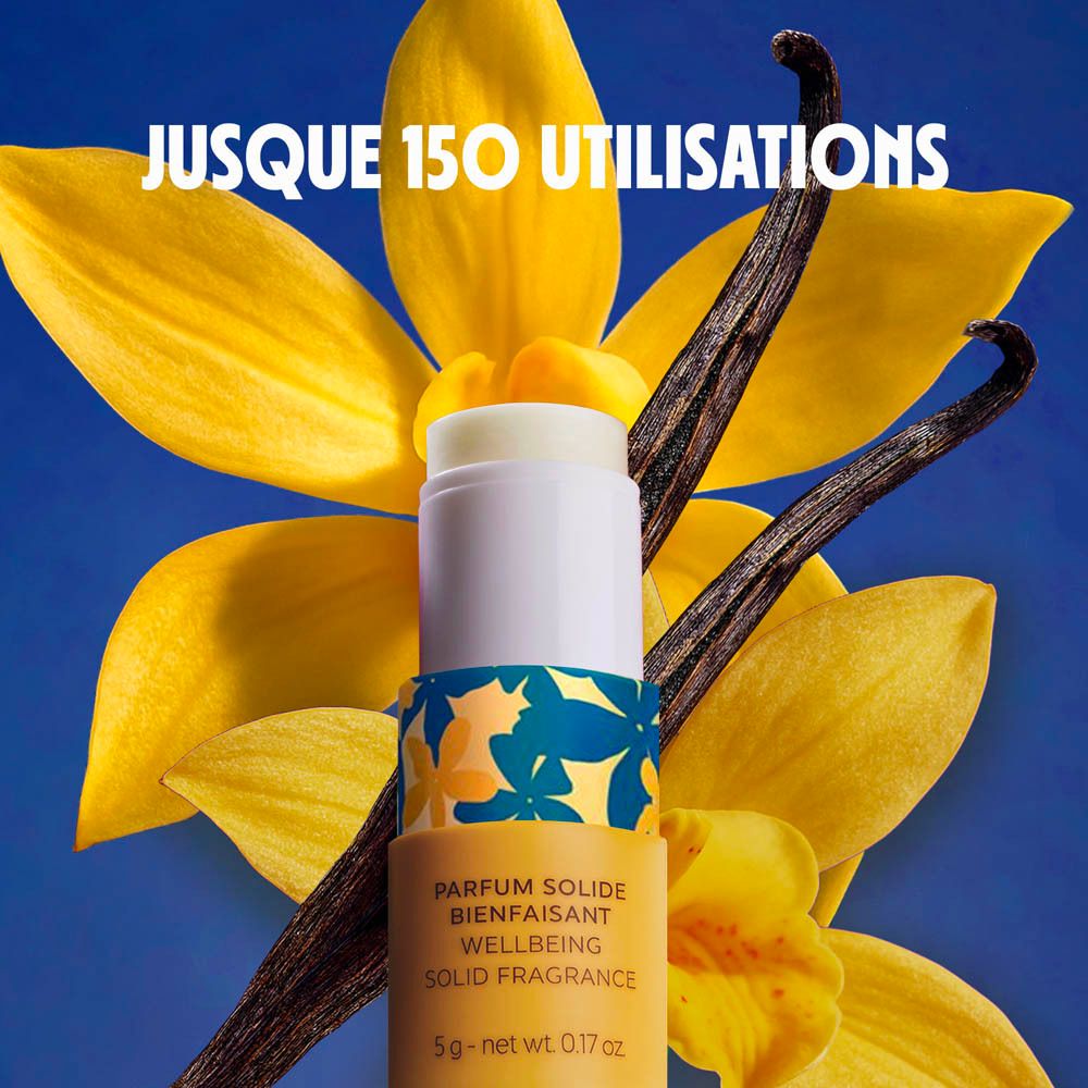 Produit avec fleurs de vanille et gousses de vanille. Inscription: Jusqu'à 150 utilisations, Parfum Solide Bienfaisant, 5g.