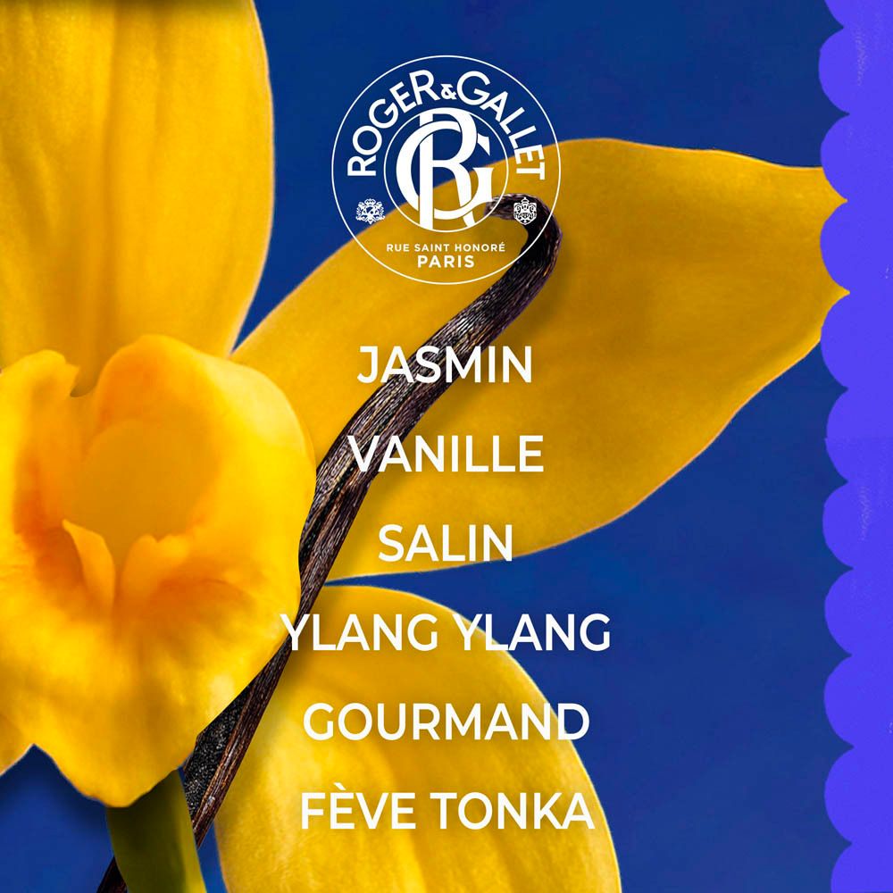 Produit avec fleurs de vanille et gousses de vanille. Inscription: Jasmin, Vanille, Salin, Ylang Ylang, Gourmand, Fève Tonka.
