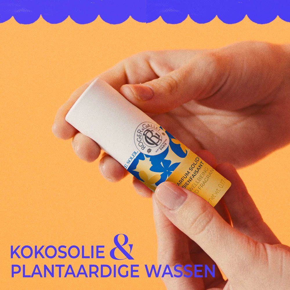 Handen houden product vast. Opschrift: Kokosolie & plantaardige wassen, Parfum Solide Bienfaisant, 5g.