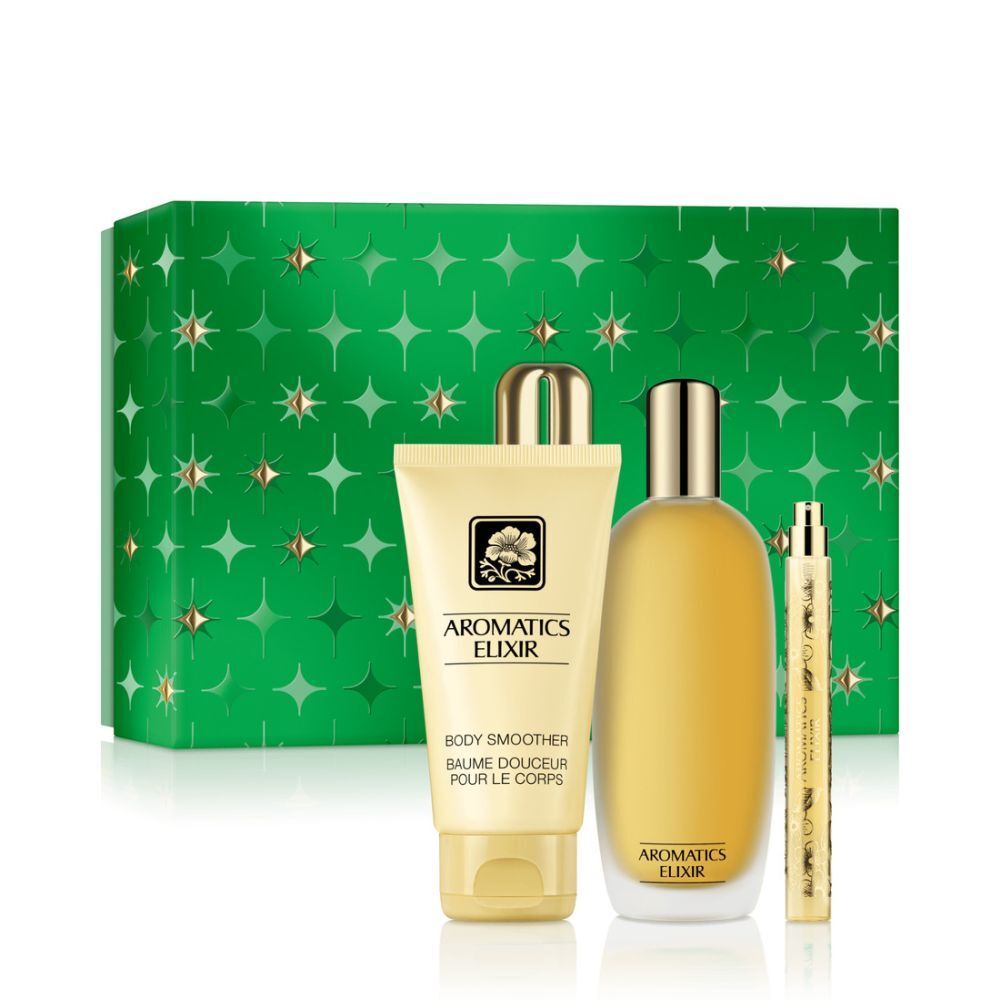Clinique Aromatic Elixir cadeau set. Bevat body smoother, parfumfles en verstuiver. Verpakt in groene doos met sterren.