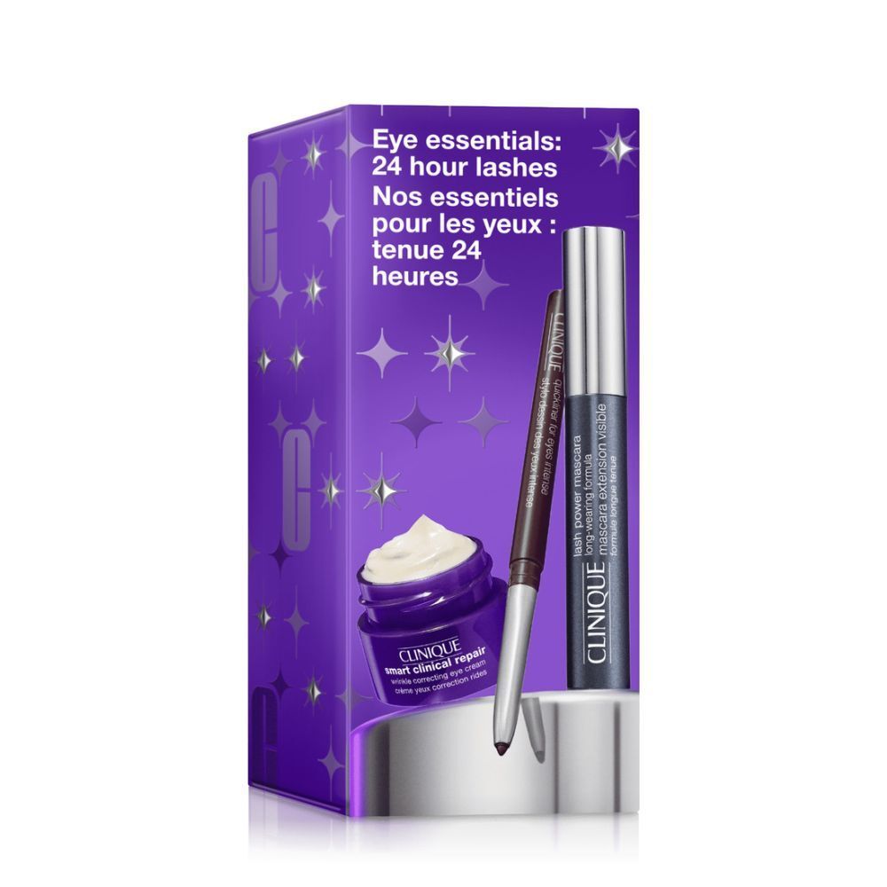 Clinique Eye Essential Set. Paarse verpakking met mascara, eyeliner en oogcrème. Productnamen en sterren als designelementen.