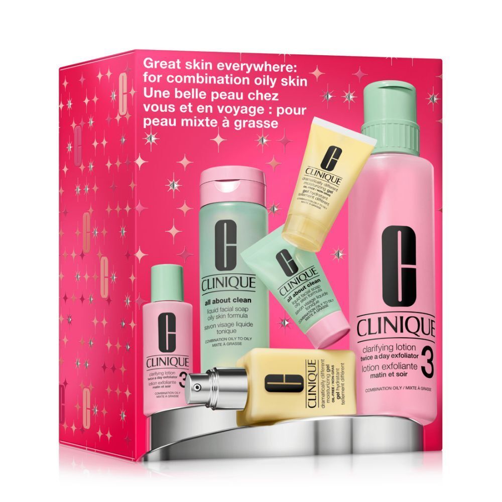 Cadeauset met huidverzorgingsproducten. Roze verpakking met sterrenpatroon. Bevat flessen, tubes en potjes met Clinique-logo.