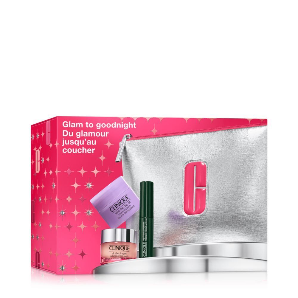 Geschenkdoos met zilveren tas, Clinique-producten en roze accenten. Bevat oogcrème, mascara en remover.