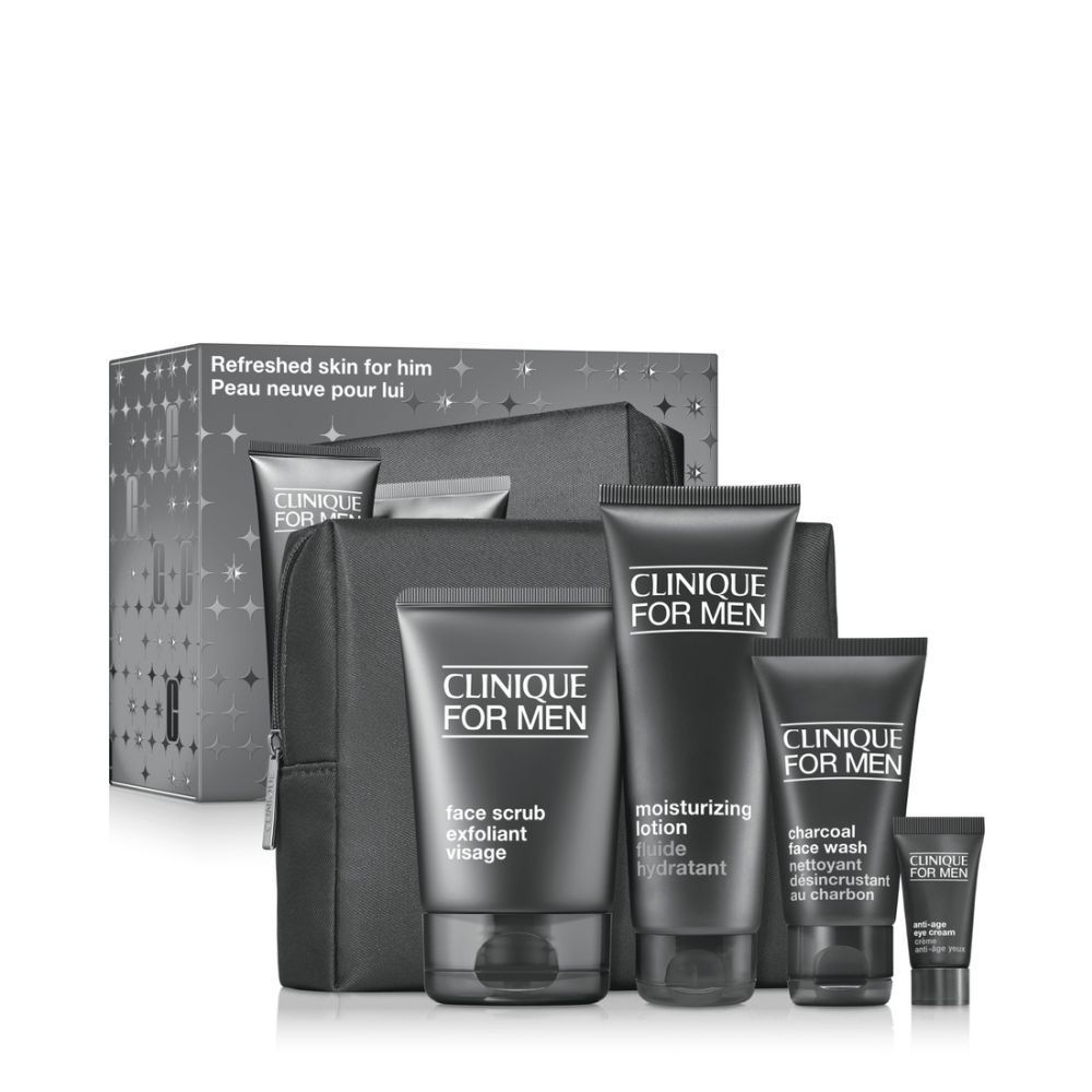Coffret cadeau pour homme. Comprend une trousse noire, nettoyant visage, gommage, lotion hydratante et crème pour les yeux.