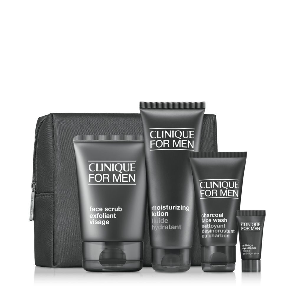 Coffret cadeau pour homme. Comprend nettoyant visage, gommage, lotion, crème pour les yeux et une trousse noire.