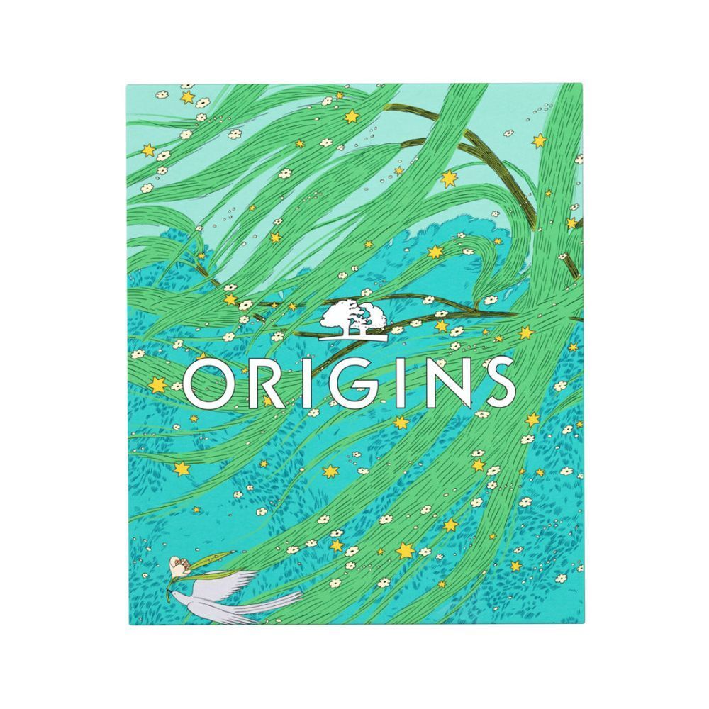 Verpakking met het Origins-logo en de productnaam. De verpakking is blauw en groen.