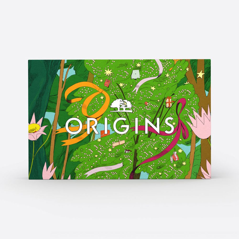 Emballage vert avec logo et design. Inscription : Origins. Contient quatre tubes de masques faciaux.