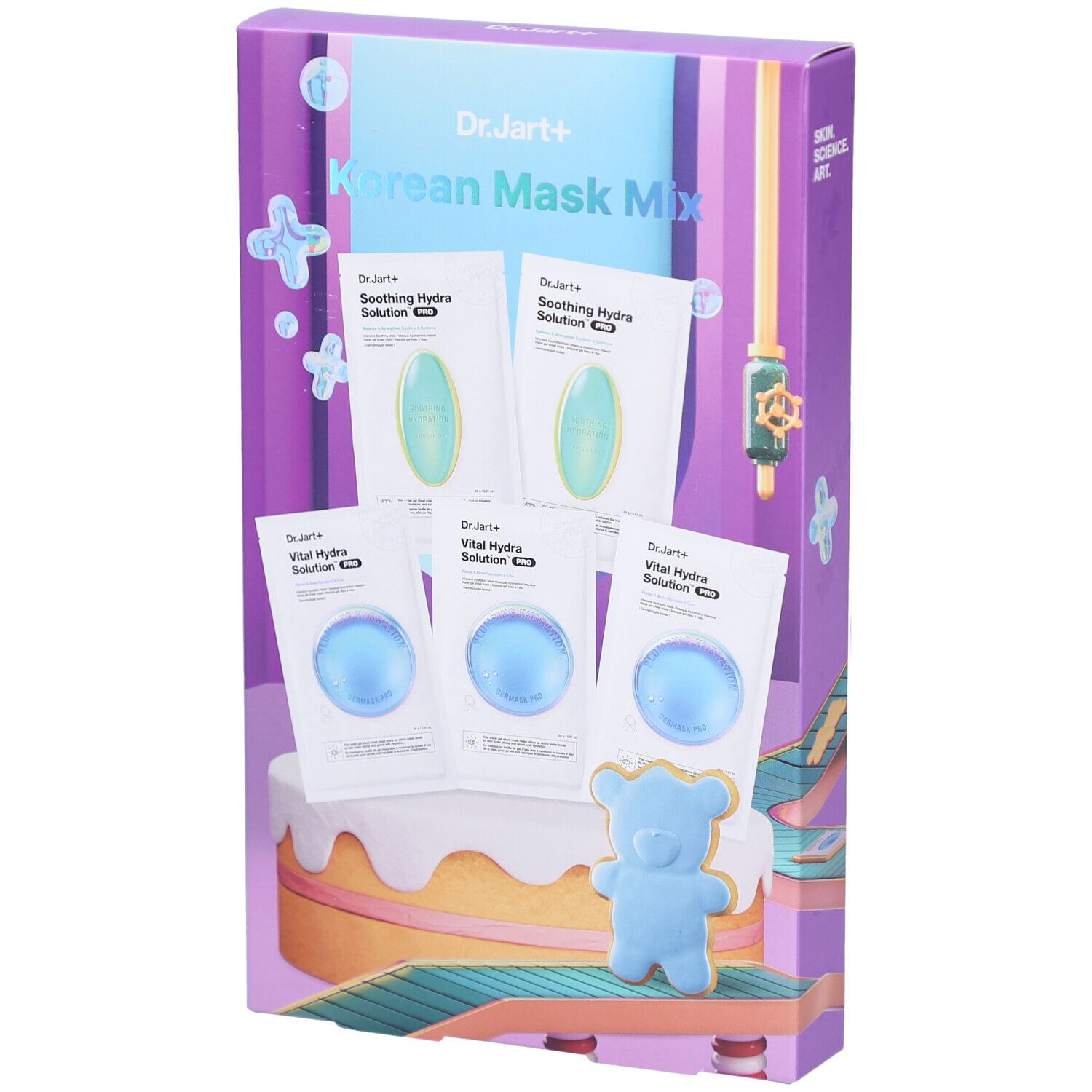 Verpakking met maskers. Bevat groene en blauwe maskers. Opschrift: Korean Mask Mix.