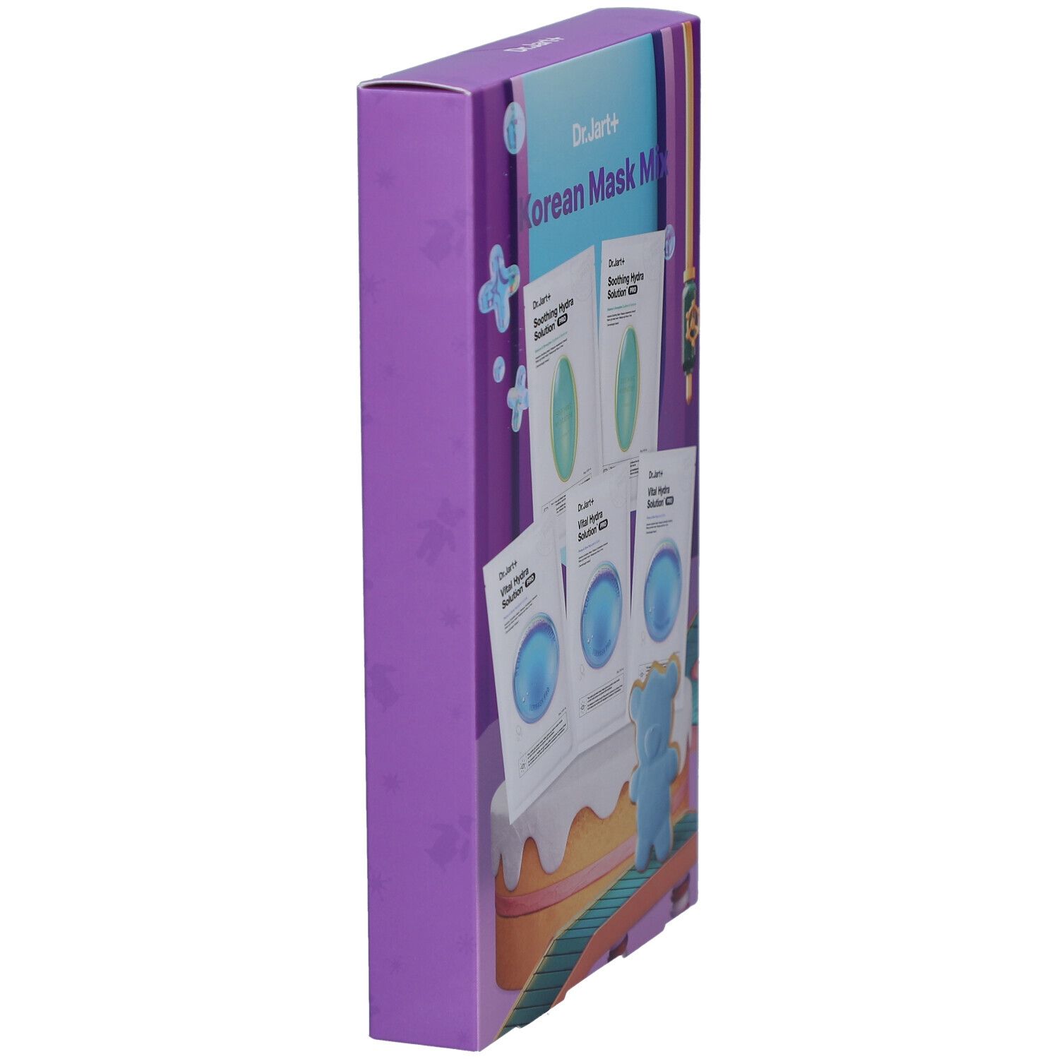Paarse verpakking met maskers. Opschrift: Korean Mask Mix. Zijaanzicht met maskerzakjes.