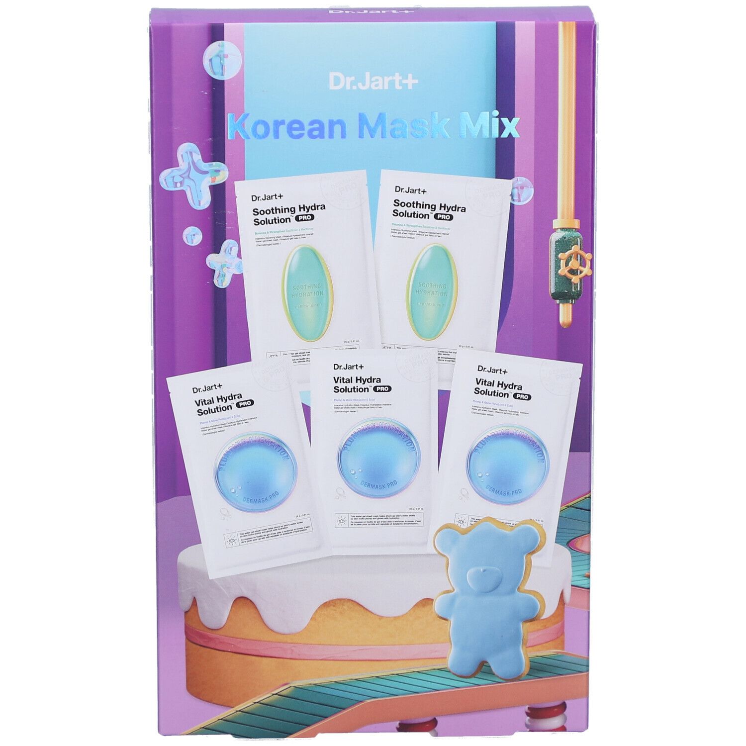 Verpakking met maskers. Bevat groene en blauwe maskers. Opschrift: Korean Mask Mix.