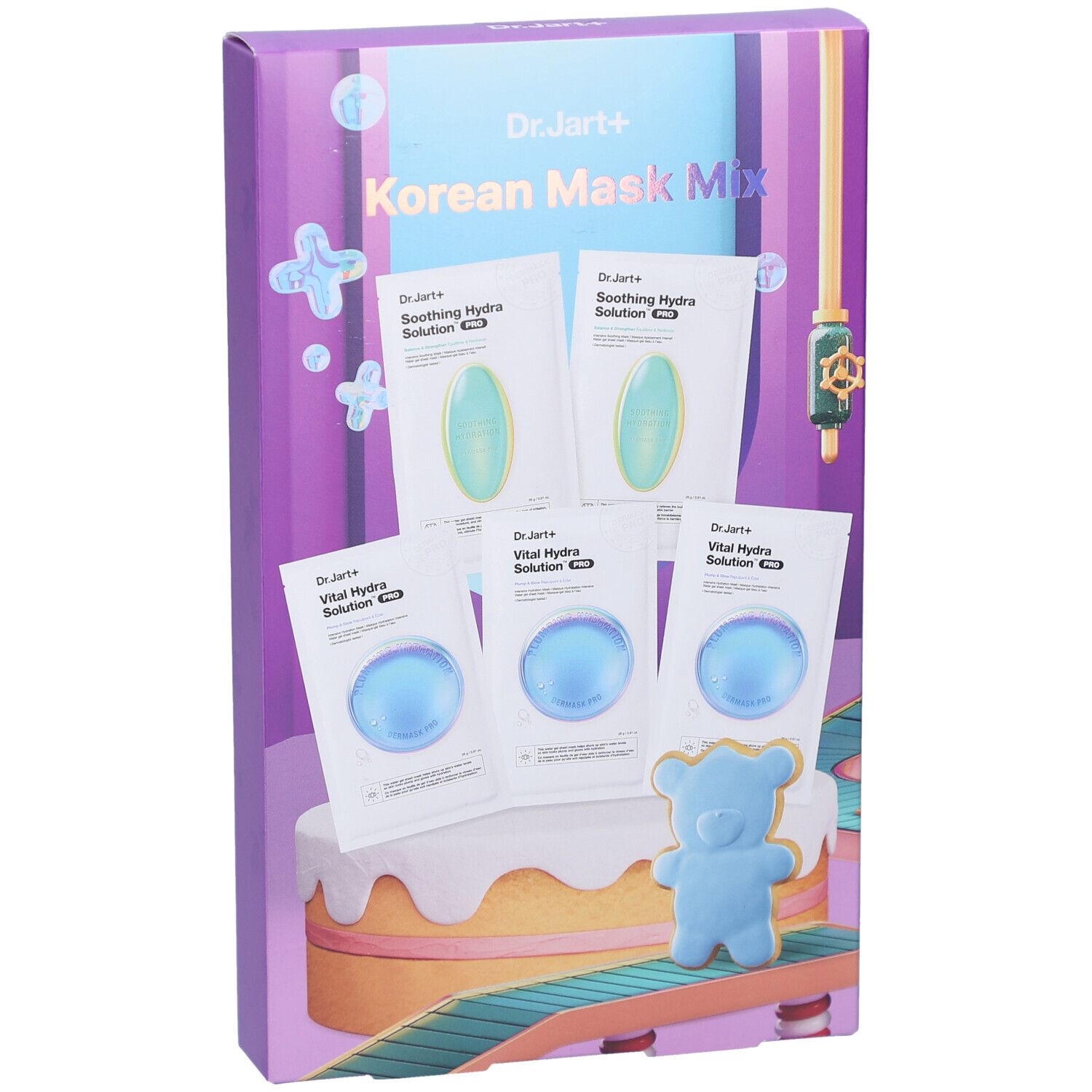 Verpakking met maskers. Bevat groene en blauwe maskers. Opschrift: Korean Mask Mix.