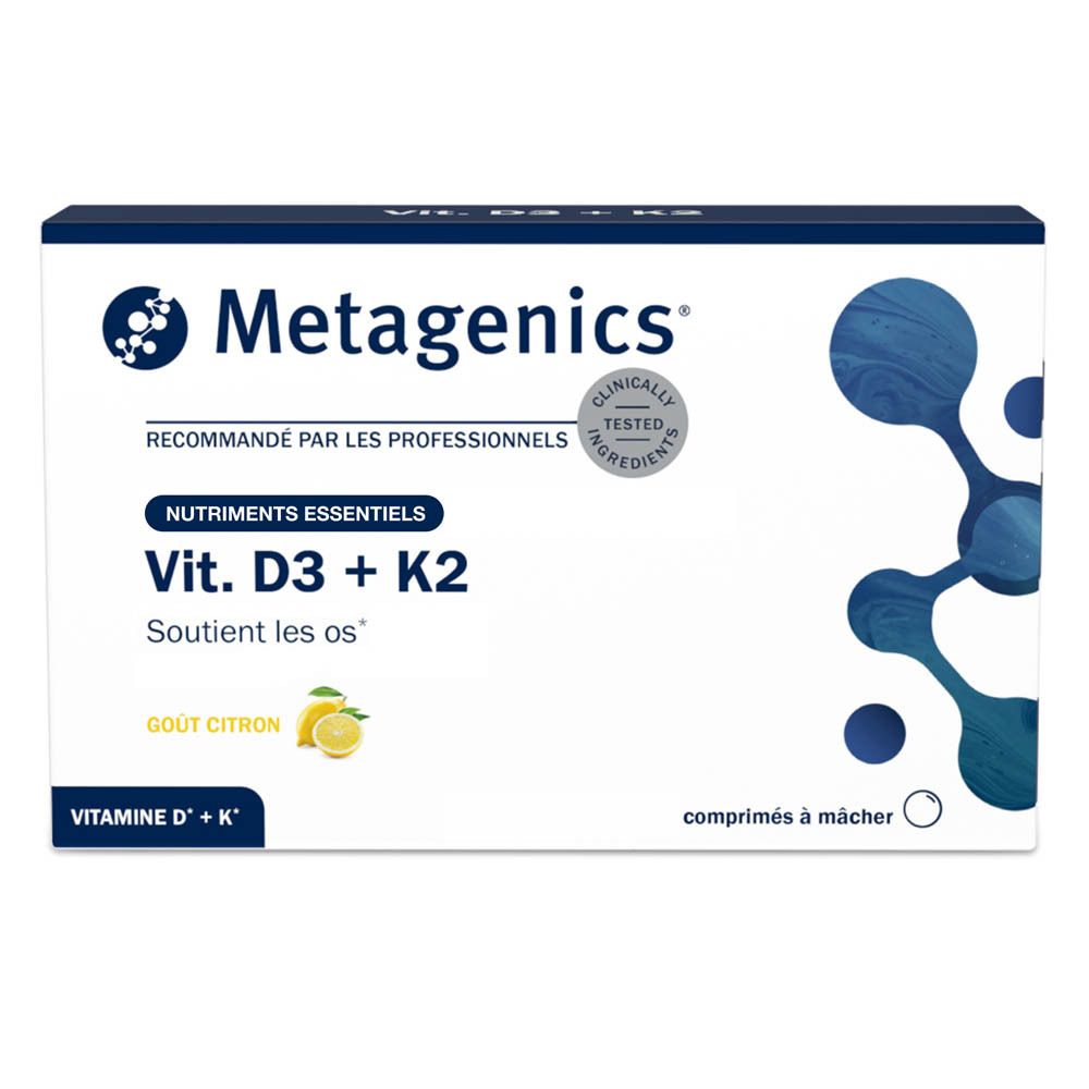 Metagenics Vit. D3 + K2. Boîte blanche avec informations produit. Contient 56 comprimés à mâcher. Inscription : « Soutient les os ».