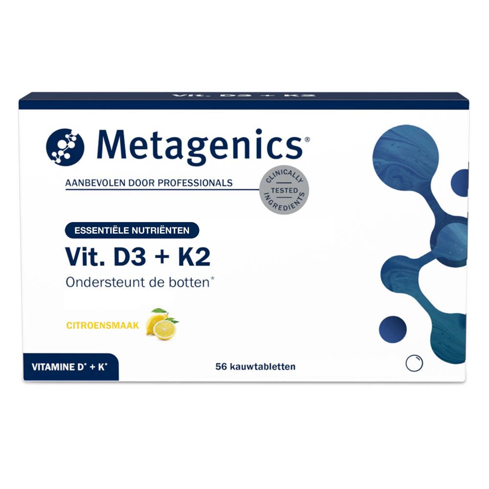 Metagenics Vit. D3 + K2. Witte doos met productinfo. Bevat 56 kauwtabletten. Opschrift: 'Ondersteunt de botten'.