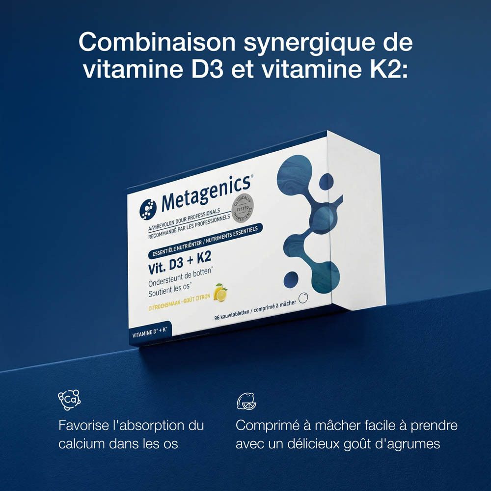 Metagenics Vit. D3 + K2. Emballage du produit avec texte. Contient des informations nutritionnelles et des ingrédients. Texte en français.