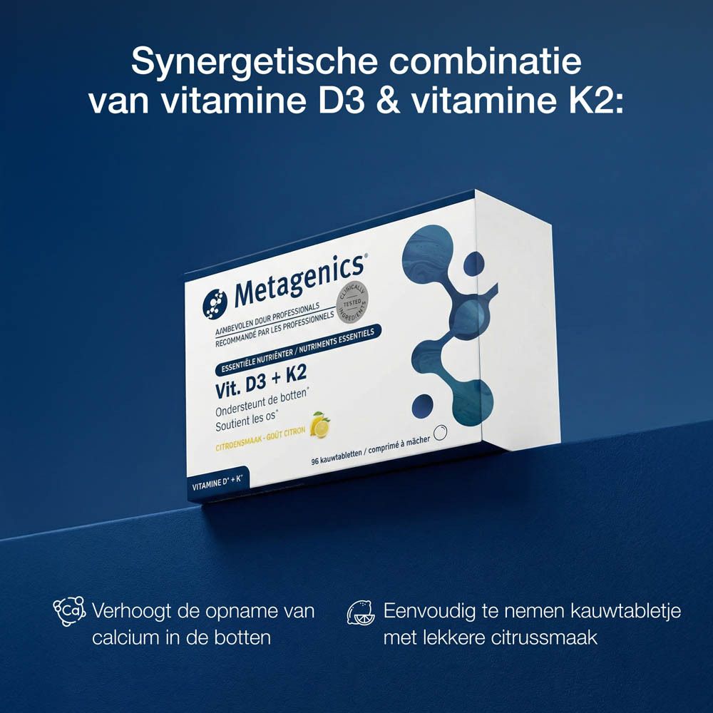 Metagenics Vit. D3 + K2. Productverpakking met tekst. Bevat voedingswaarde en ingrediënten. Tekst in het Nederlands.