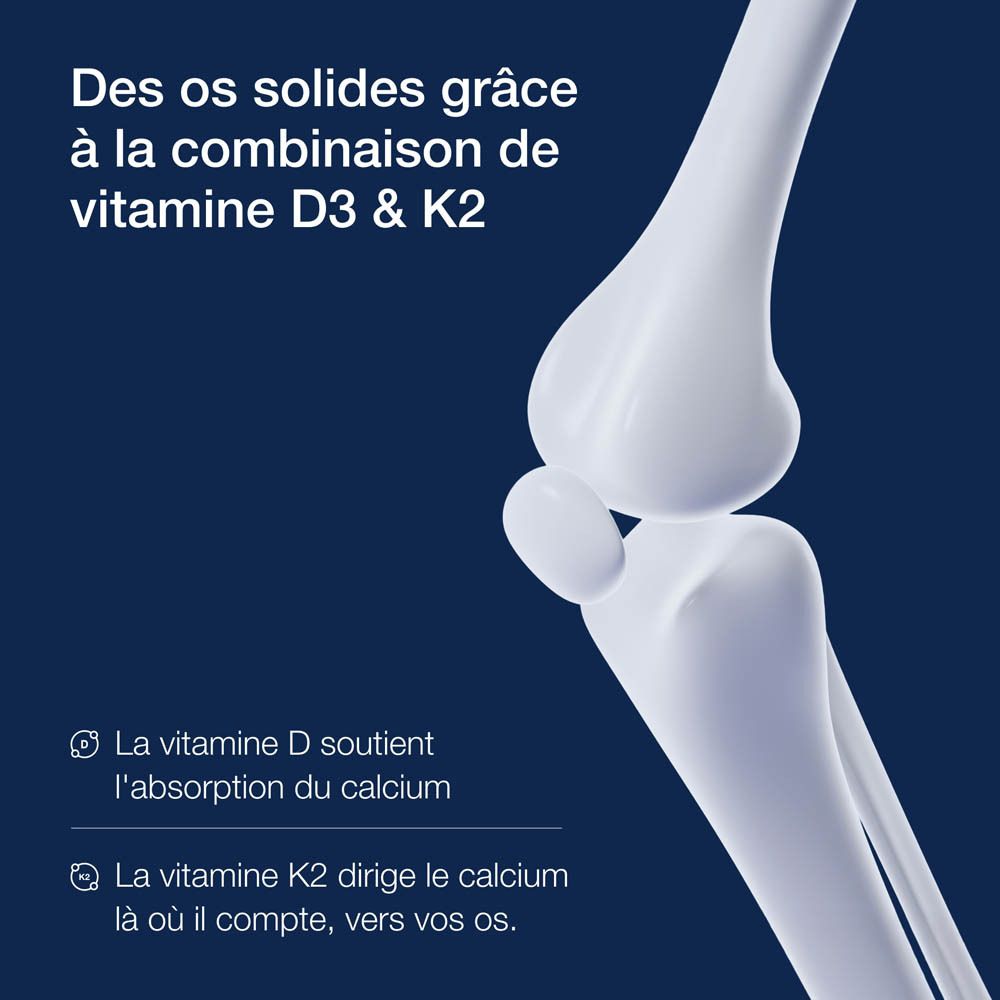 Metagenics Vit. D3 + K2. Emballage du produit avec texte. Contient des informations nutritionnelles et des ingrédients. Texte en français.