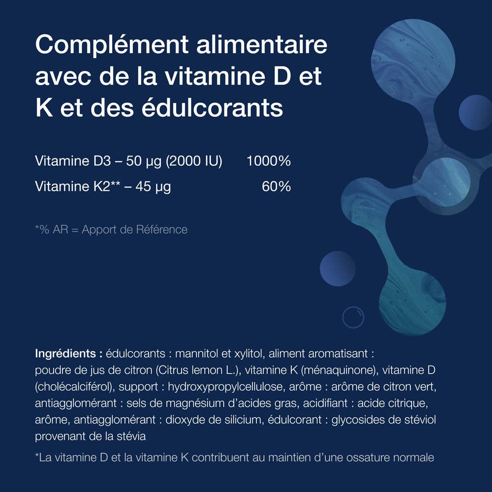 Metagenics Vit. D3 + K2. Emballage du produit avec texte. Contient des informations nutritionnelles et des ingrédients. Texte en français.