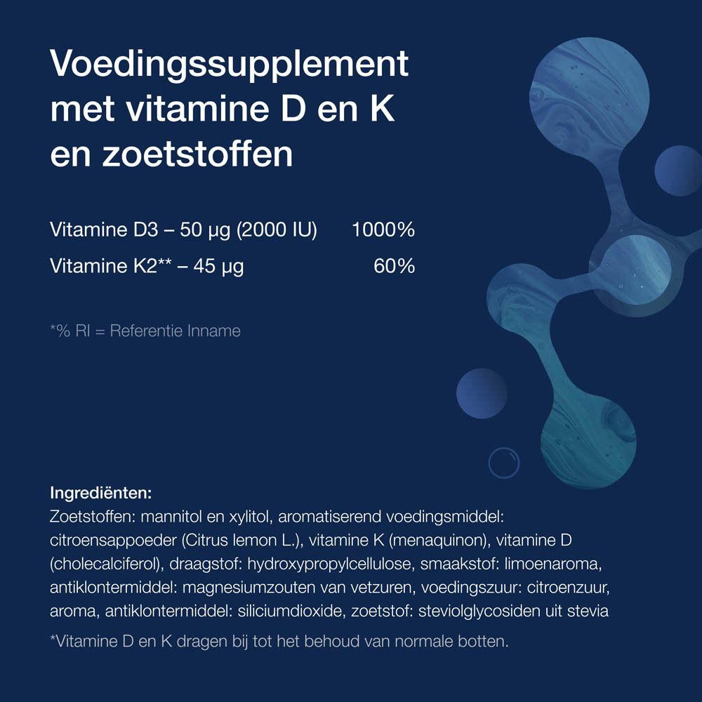 Metagenics Vit. D3 + K2. Productverpakking met tekst. Bevat voedingswaarde en ingrediënten. Tekst in het Nederlands.