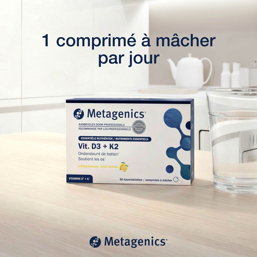 Metagenics Vit. D3 + K2. Emballage du produit avec texte. Contient des informations nutritionnelles et des ingrédients. Texte en français.