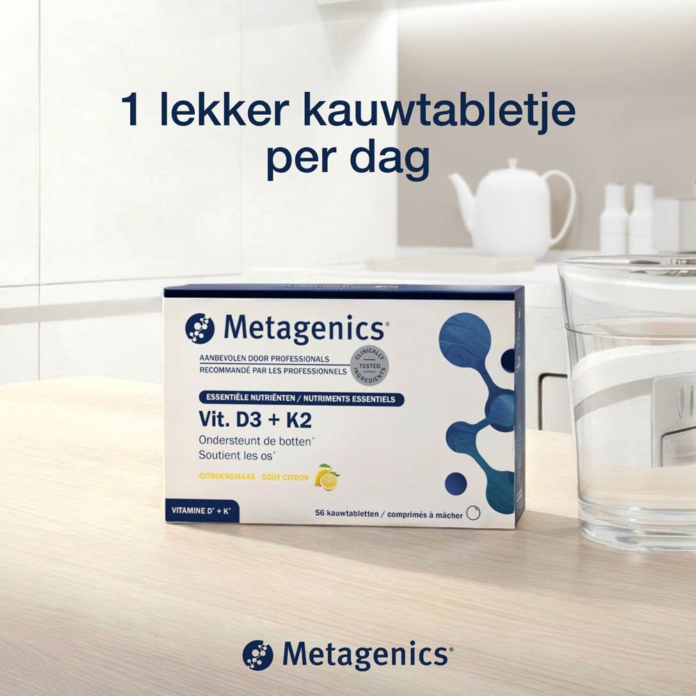 Metagenics Vit. D3 + K2. Productverpakking met tekst. Bevat voedingswaarde en ingrediënten. Tekst in het Nederlands.
