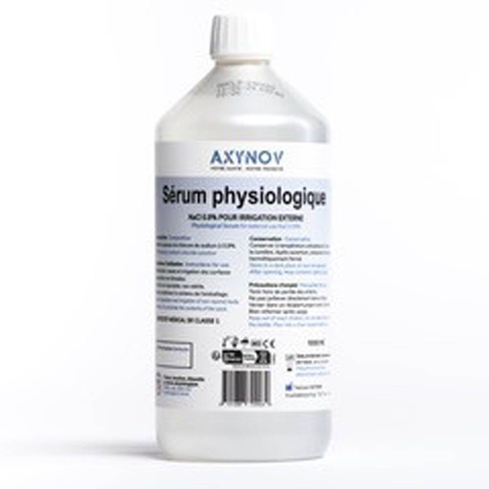 Fles fysiologisch serum van Axynov, 1000ml, voor externe spoeling.