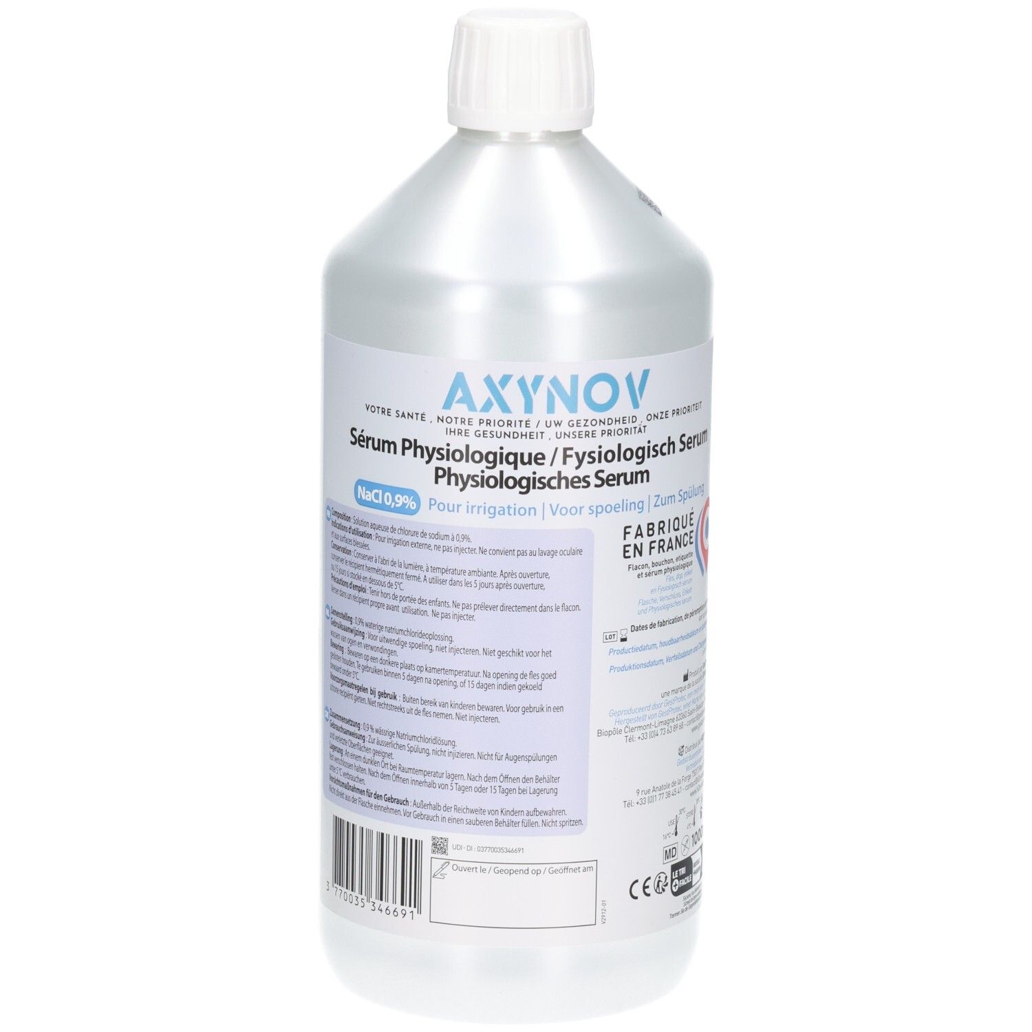 Fles met fysiologisch serum (NaCl 0,9%) van AXnov, voor spoelen, gemaakt in Frankrijk.