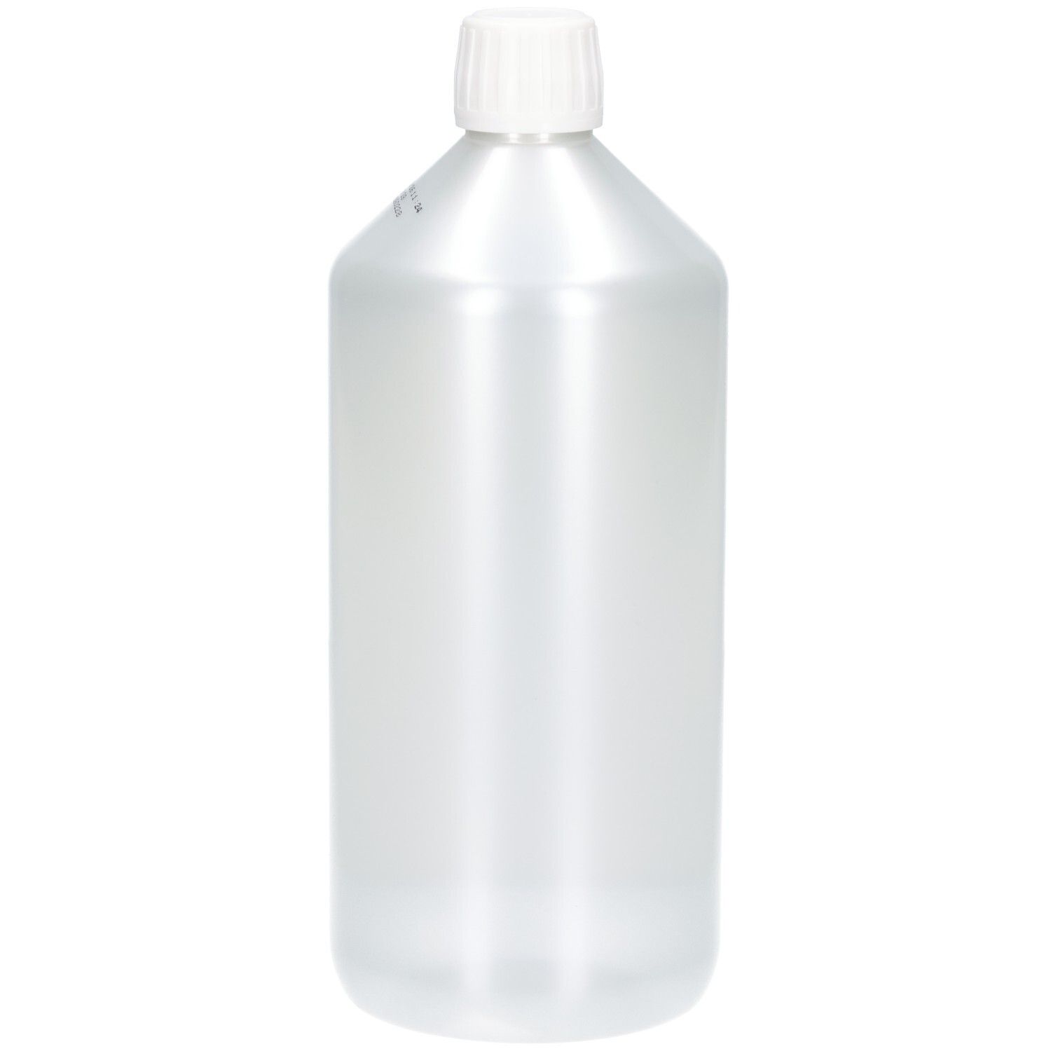 Zilverkleurige aluminiumfles met witte schroefdop, inhoud 1 liter.