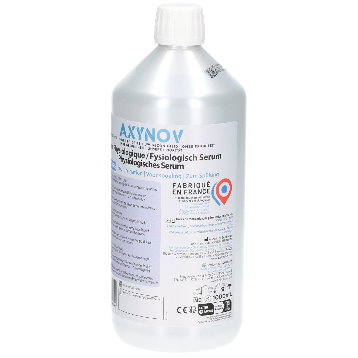 Fles van 1000ml fysiologisch serum van AXNOV, geproduceerd in Frankrijk.