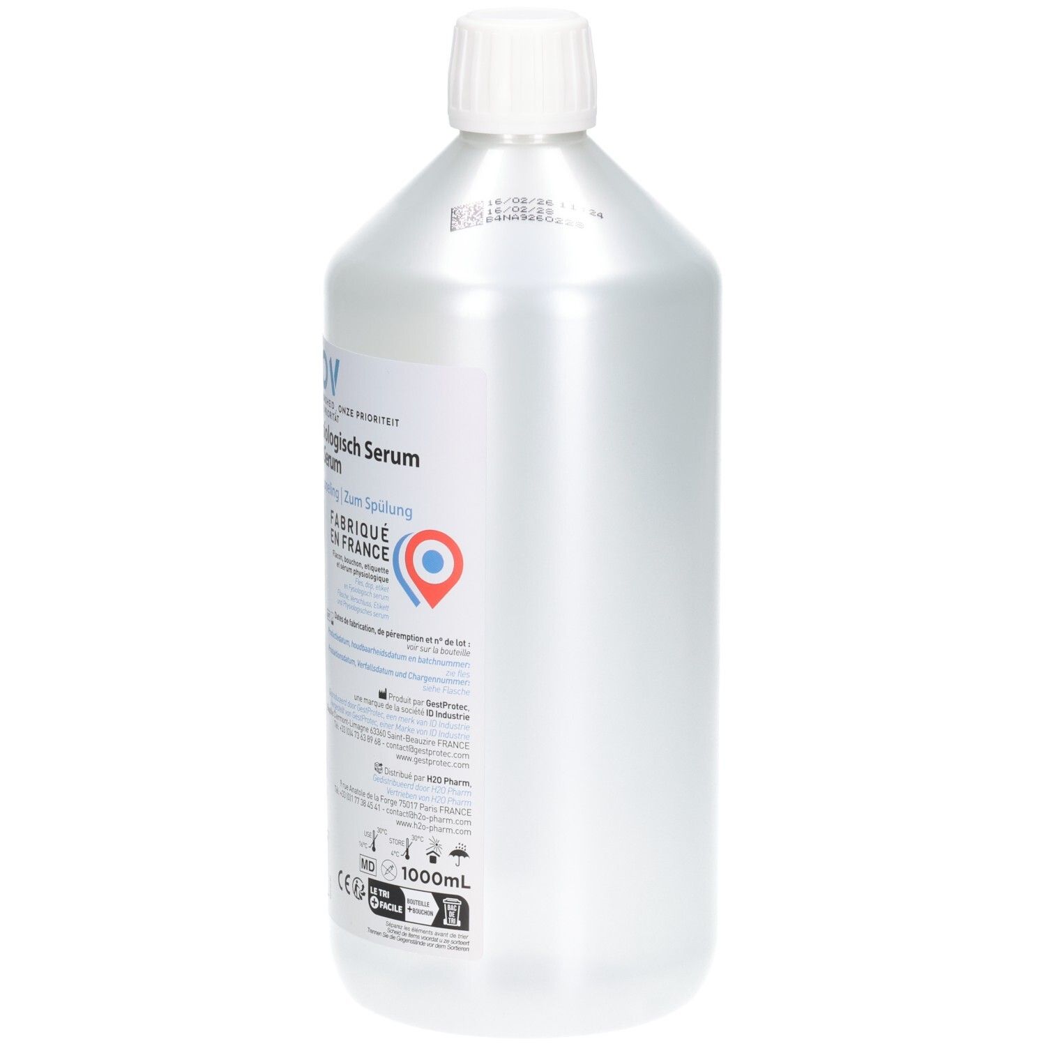 Transparante fles van 1000ml met witte schroefdop. Etiket met productinformatie en CE-markering.