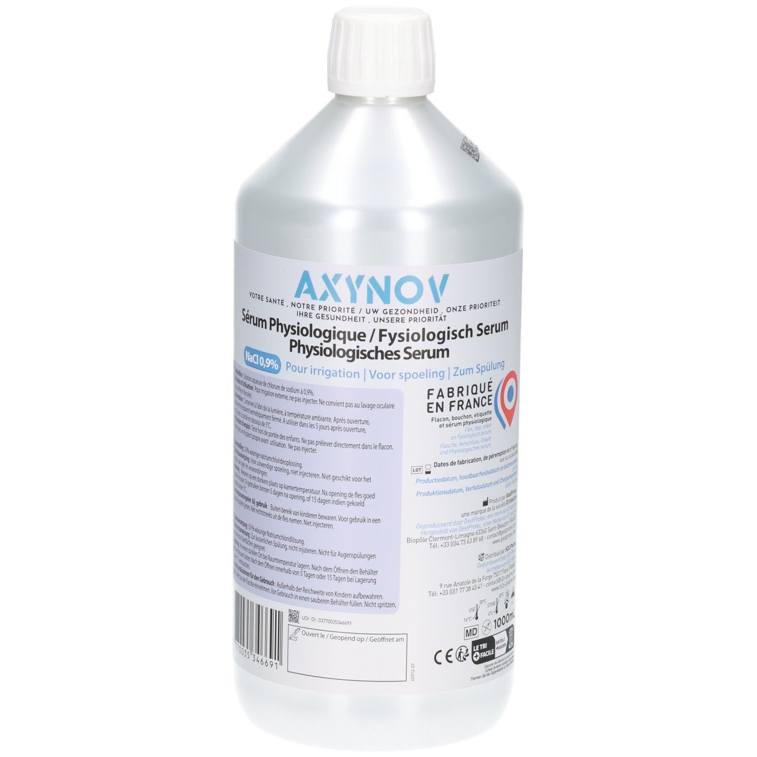 AXnov fysiologisch serum in 1000ml fles, geproduceerd in Frankrijk.