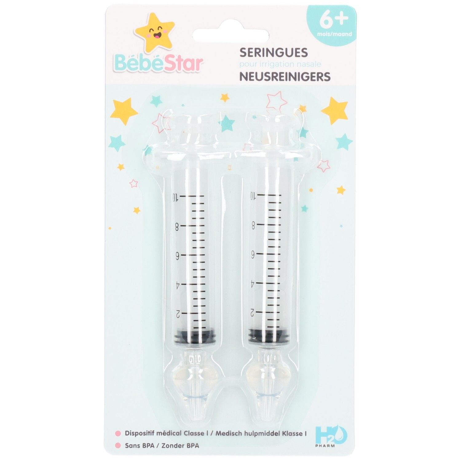 Twee doorzichtige neusspoelspruiten met markeringen van 1-10 ml.