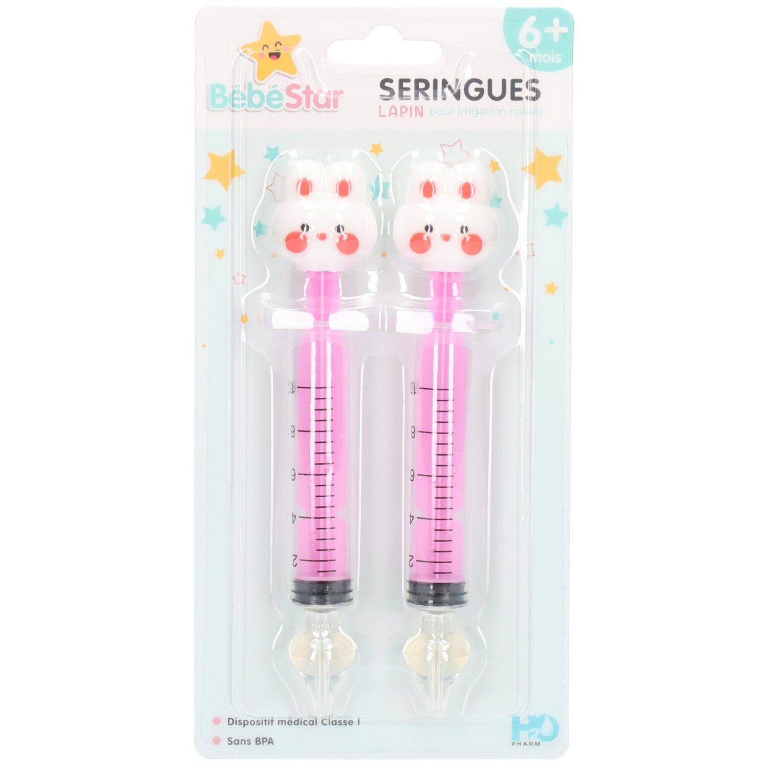 Deux seringues roses pour bébé motif lapin, emballées sous blister.