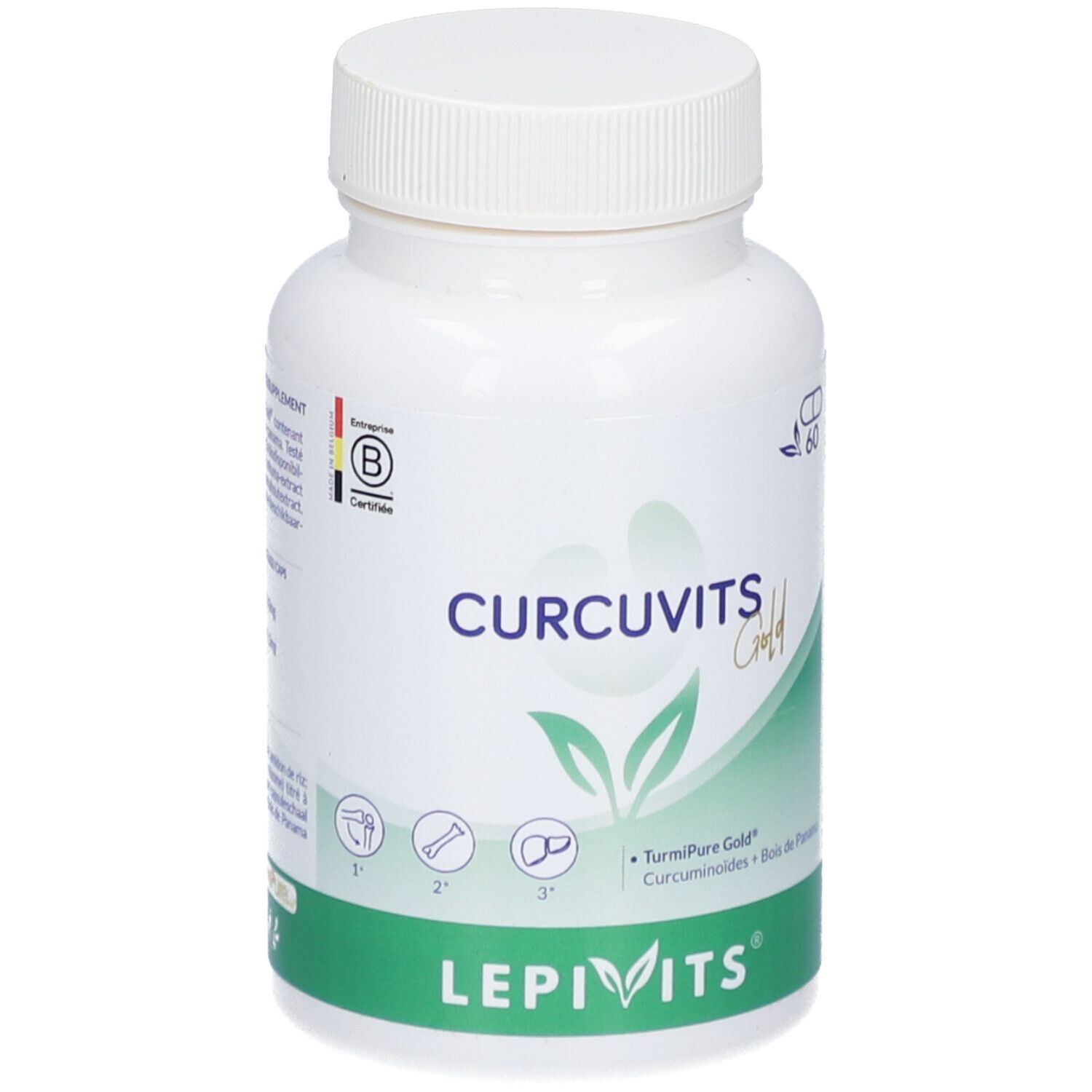 Witte fles met capsules. Opschrift: CURCUVITS Gold, LEPIVITS. Groen-witte verpakking. 60 capsules.