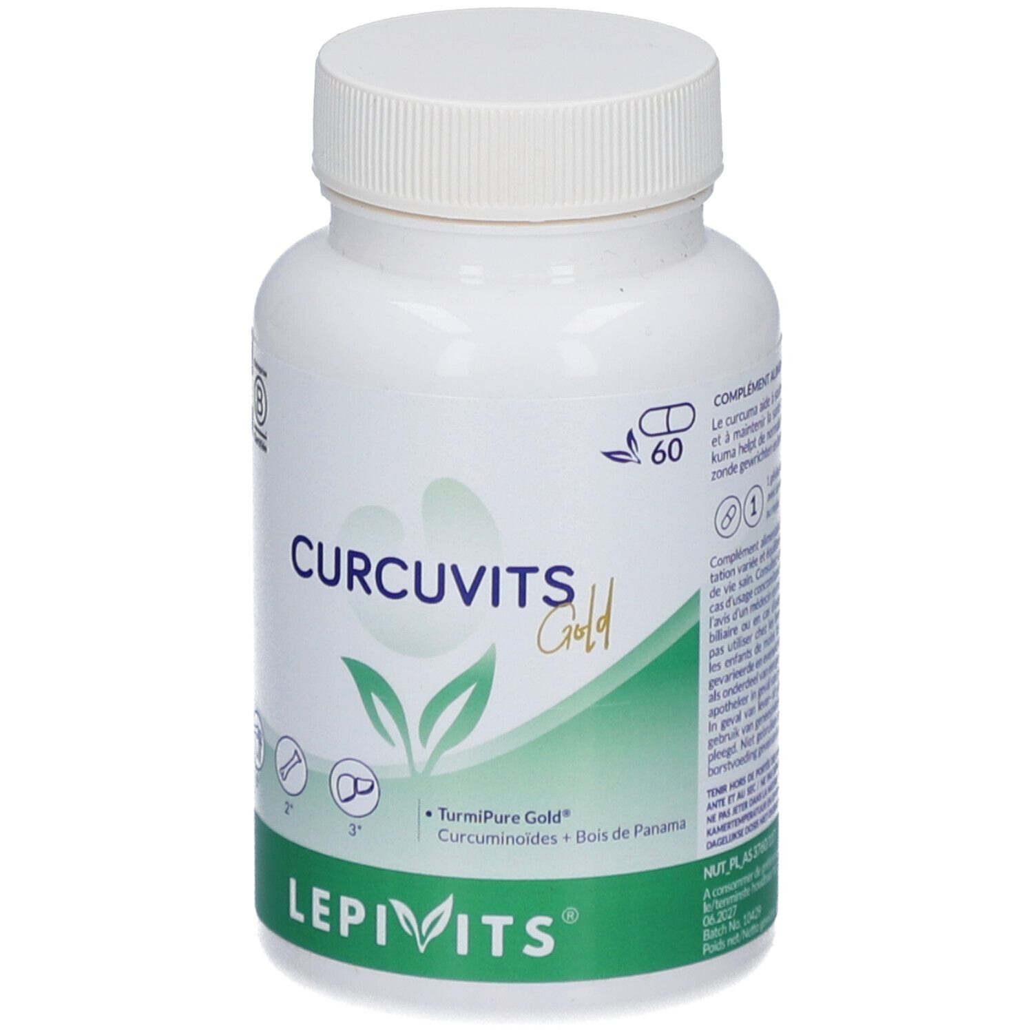 Witte fles met capsules. Opschrift: CURCUVITS Gold, LEPIVITS. Groen-witte verpakking. 60 capsules.
