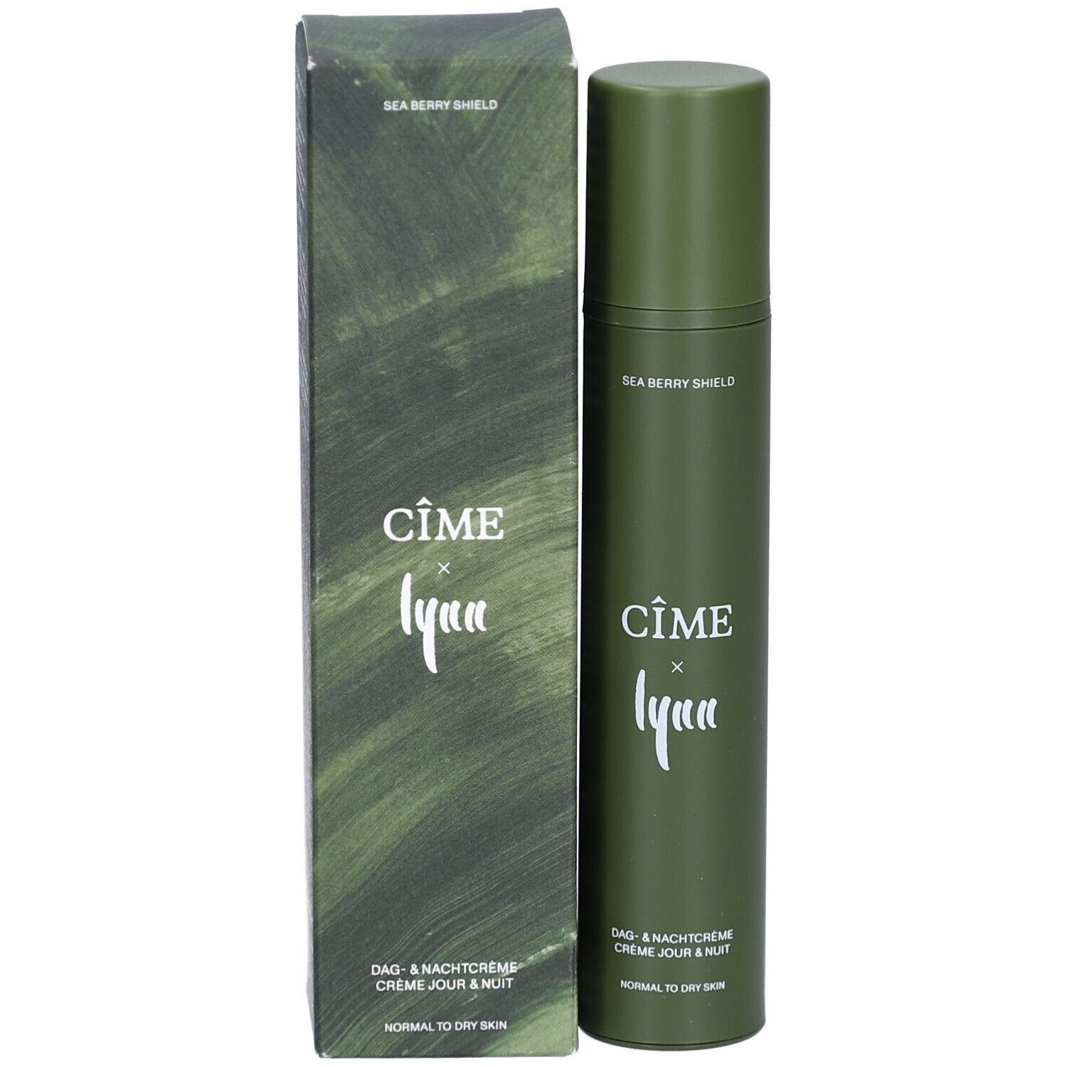 Productverpakking met fles. Tekst: CÎME, Lynn. Dag- en nachtcrème. Normale tot droge huid.