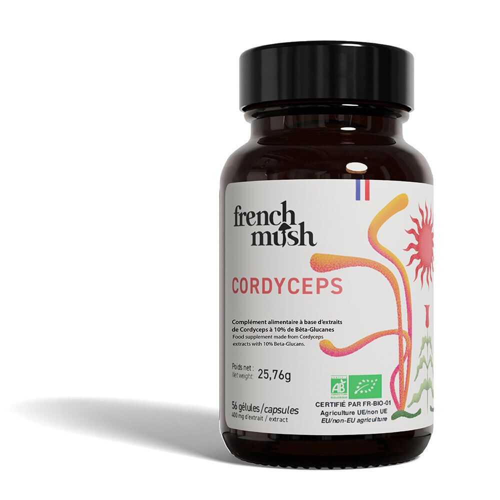 Bruine glazen fles met zwarte dop. Etiket met Cordyceps-illustraties en AB-certificering. 56 capsules.