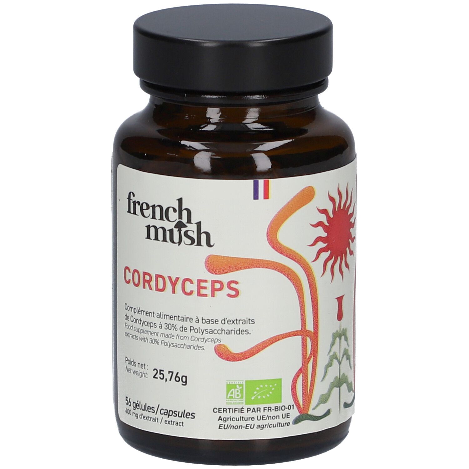 Bruine glazen fles, zwarte dop. Label "French Mush Cordyceps". 56 capsules, 400 mg extract. AB-certificering.