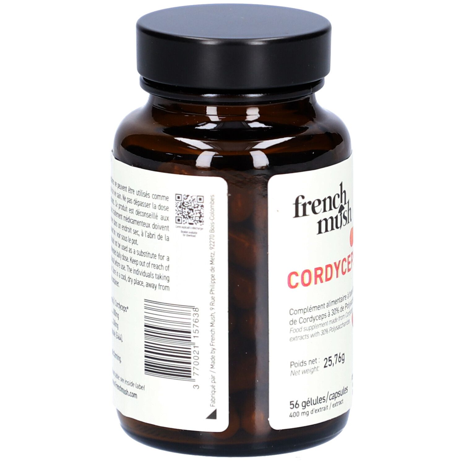 Bruine glazen fles, zwarte dop. Label met tekst en barcode. Bevat 56 capsules. Gewicht 25,76g. Gemaakt in Frankrijk.