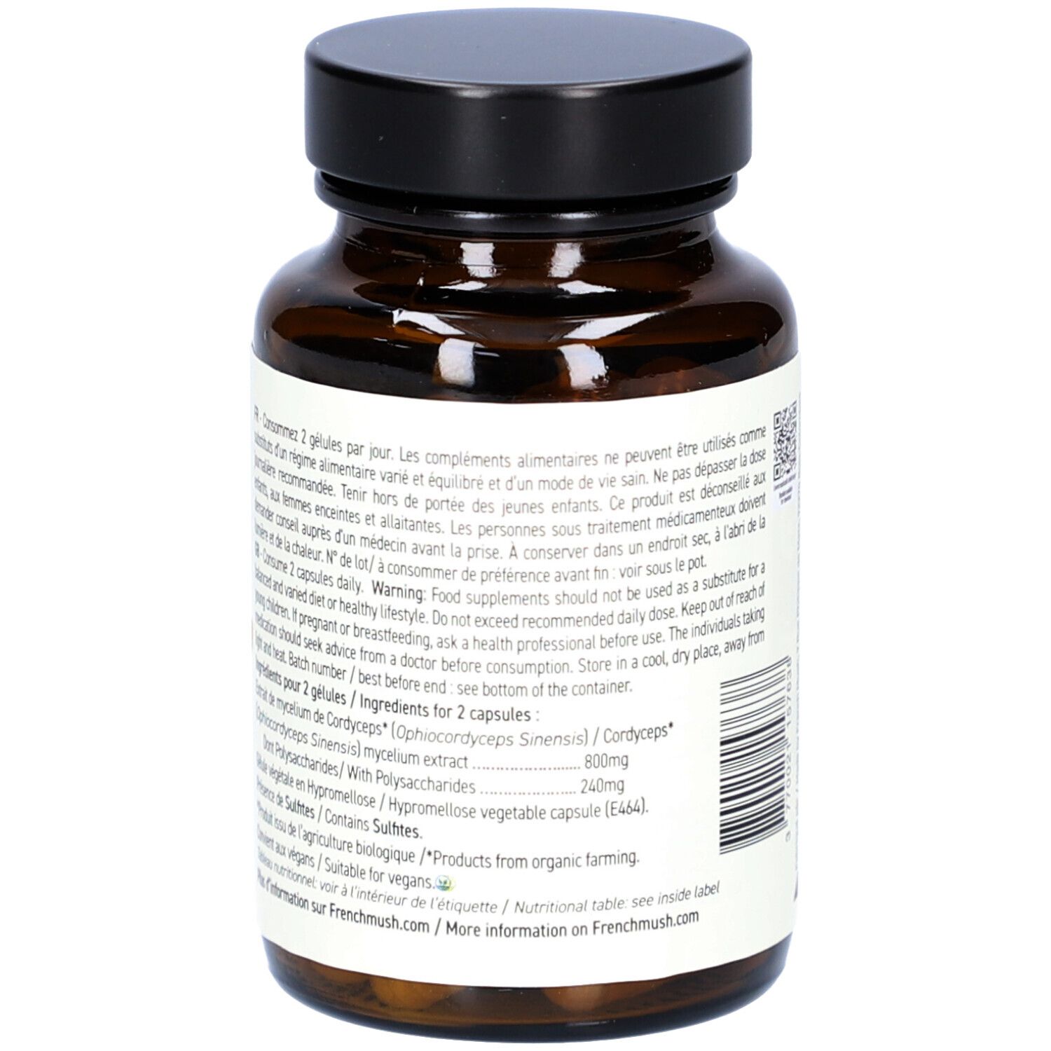 Bruine glazen fles, zwarte dop. Label met tekst. Bevat 56 capsules. Ingrediëntenlijst en voedingstabel. Geschikt voor veganisten.