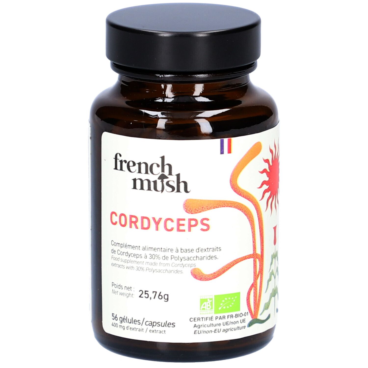 Bruine glazen fles, zwarte dop. Label "French Mush Cordyceps". 56 capsules, 400 mg extract. AB-certificering.
