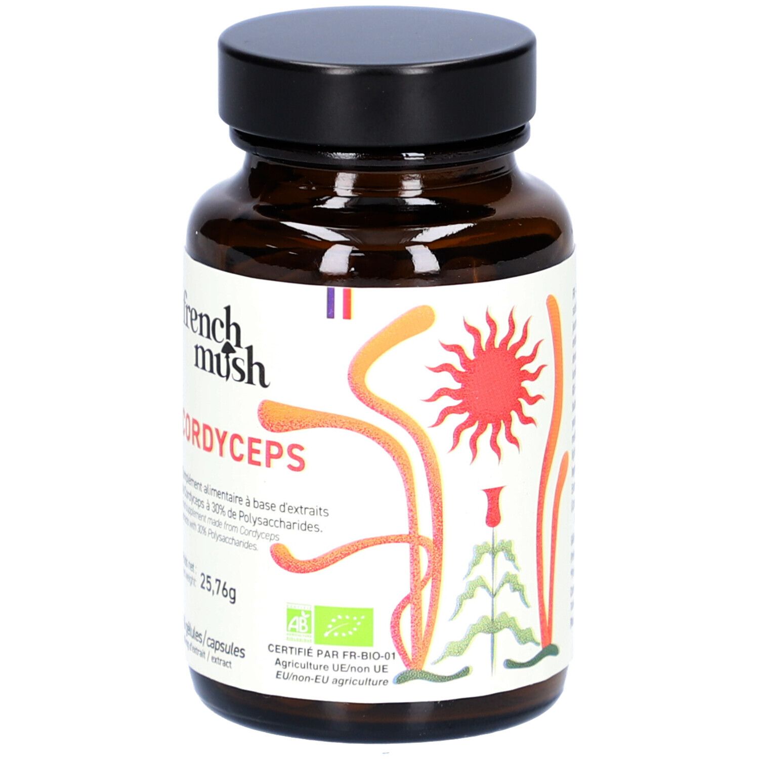 Bruine glazen fles, zwarte dop. Label "French Mush Cordyceps". 56 capsules, 400 mg extract. AB-certificering.