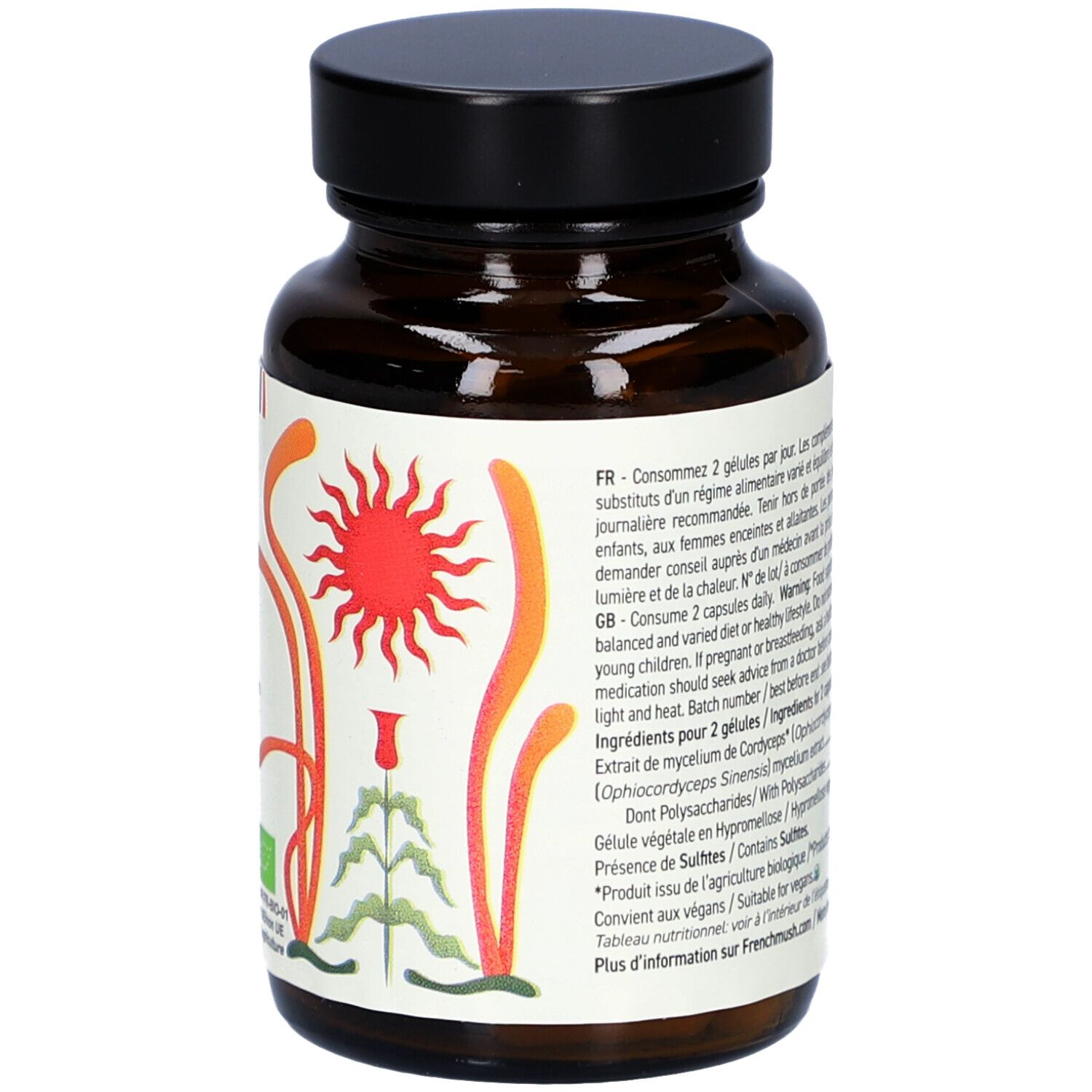 Bruine glazen fles, zwarte dop. Label met tekst. Bevat 56 capsules. Ingrediëntenlijst en voedingstabel. Geschikt voor veganisten.