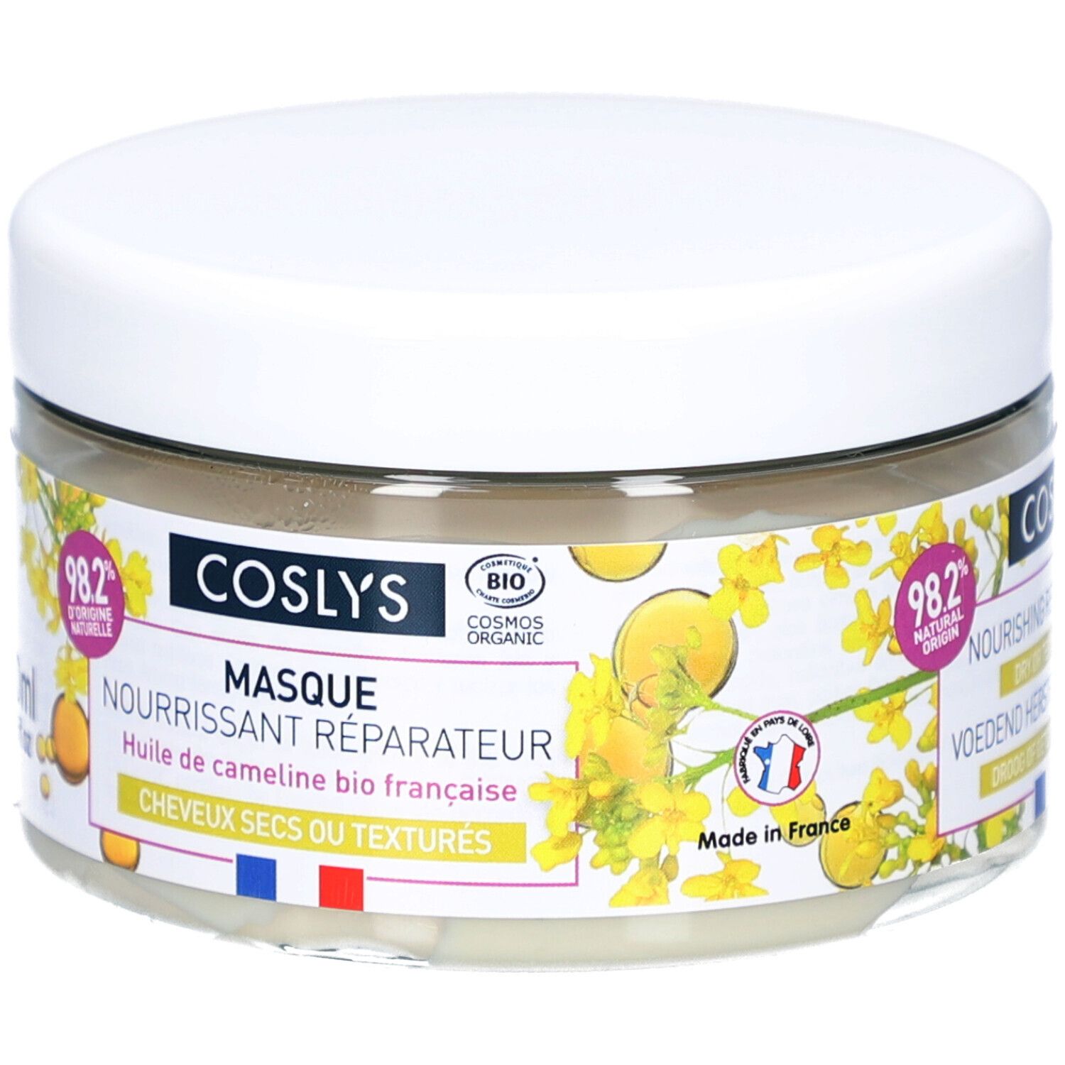 Pot en verre avec couvercle blanc. Inscription : Coslys Masque Nourrissant Réparateur. Contient 98,2% d'origine naturelle. Avec label bio français.