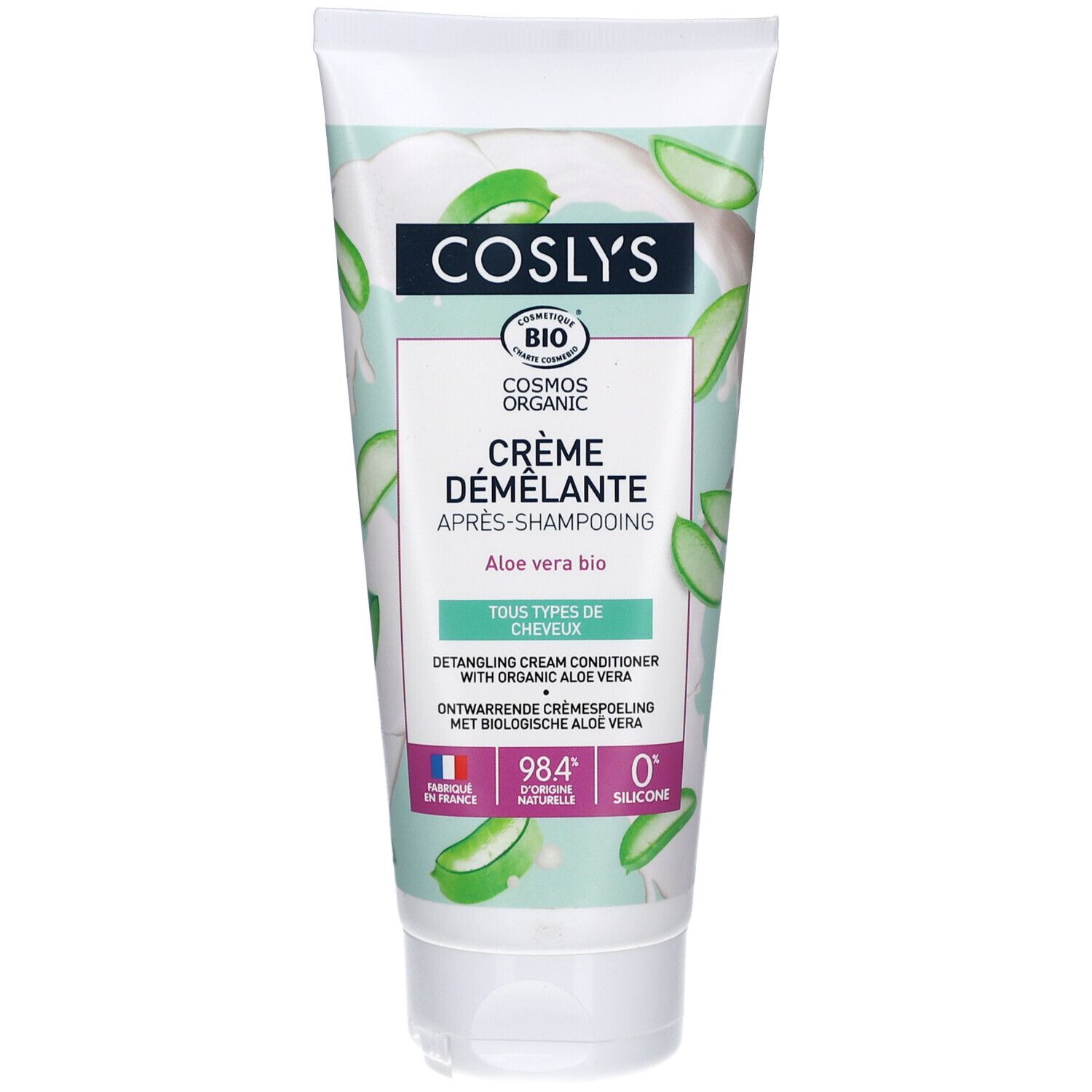 Witte tube met groene opdruk. Tekst: Coslys, Crème Démêlante Après-Shampooing Aloe Vera bio. Bio-certificering.