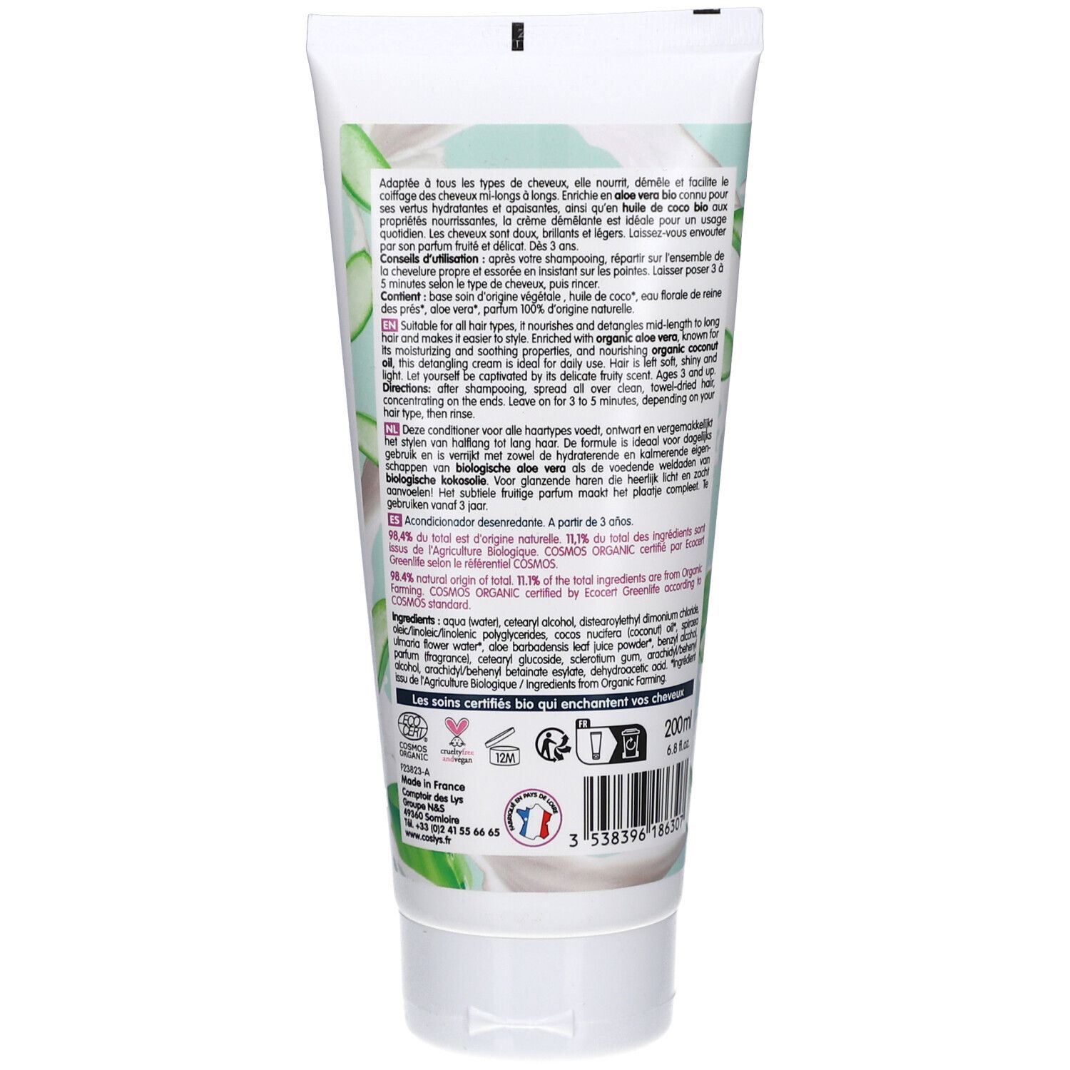 Achterkant van de tube. Tekst en informatie over het product. Bio-certificering. Ingrediënten. Gemaakt in Frankrijk.