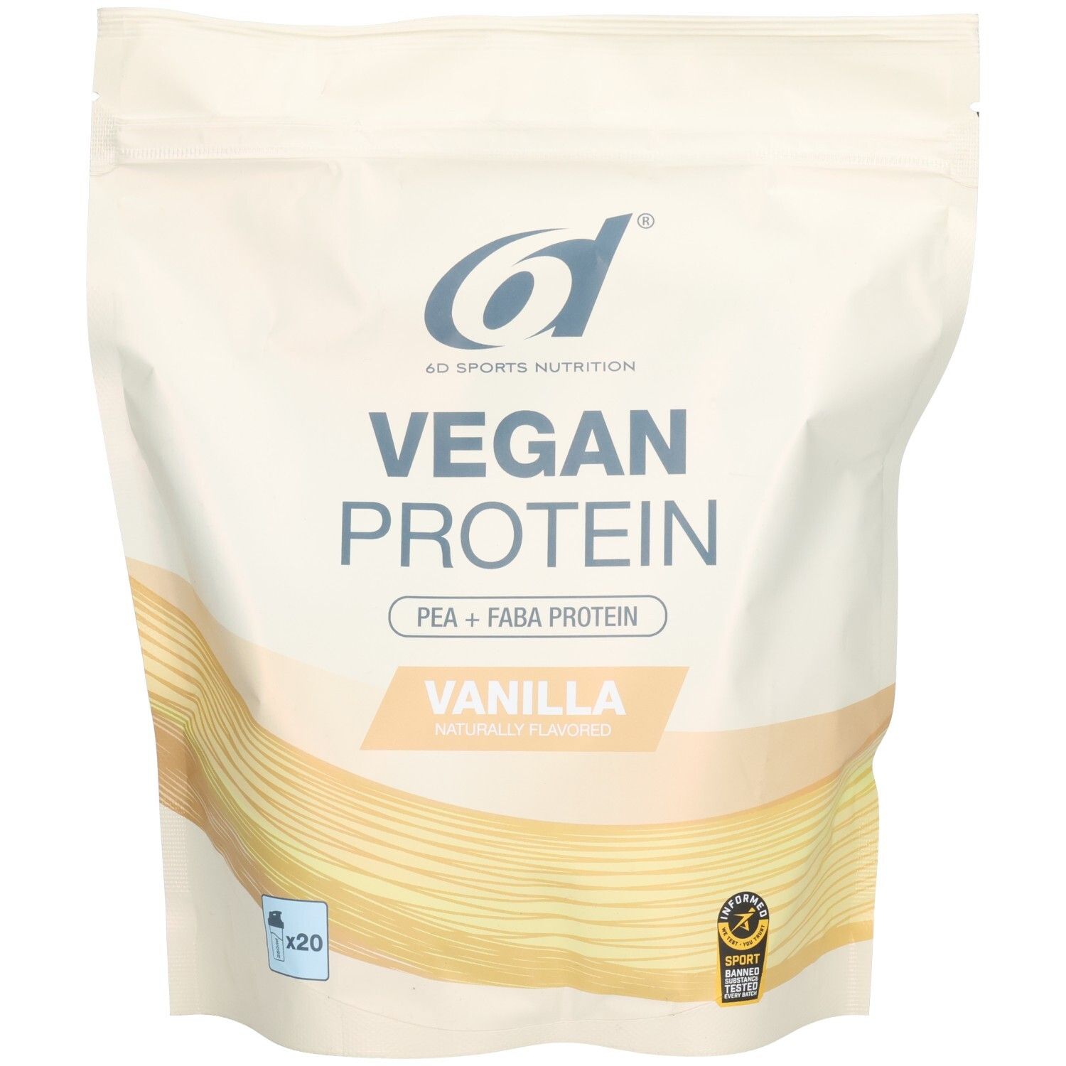 Zak 6D Sports Nutrition Vegan Protein. Opschrift: Vegan Protein, Vanille. Bevat erwten- en tuinbonenproteïne. Met logo.