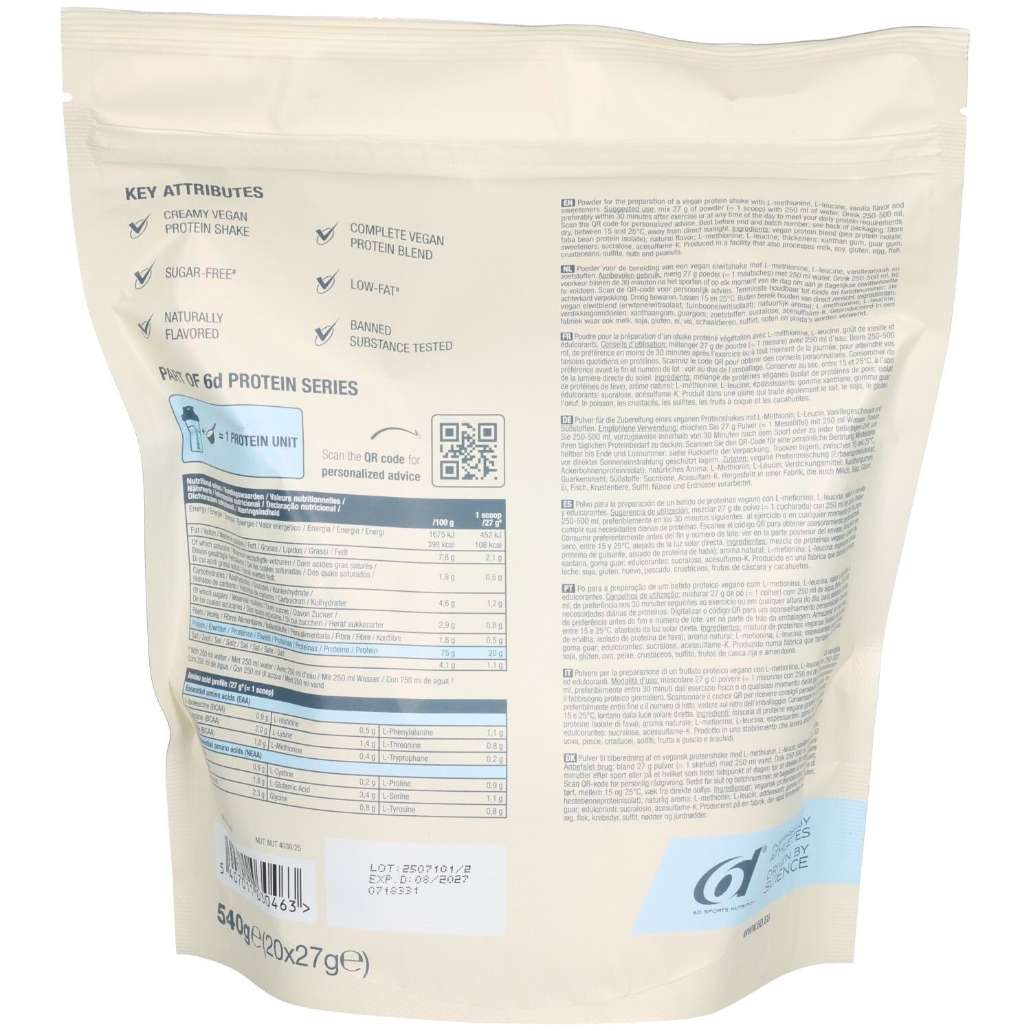Achterkant van de zak. Bevat informatie over ingrediënten en voedingswaarde. Met logo en QR-code. Opschrift: Vegan Protein Series.
